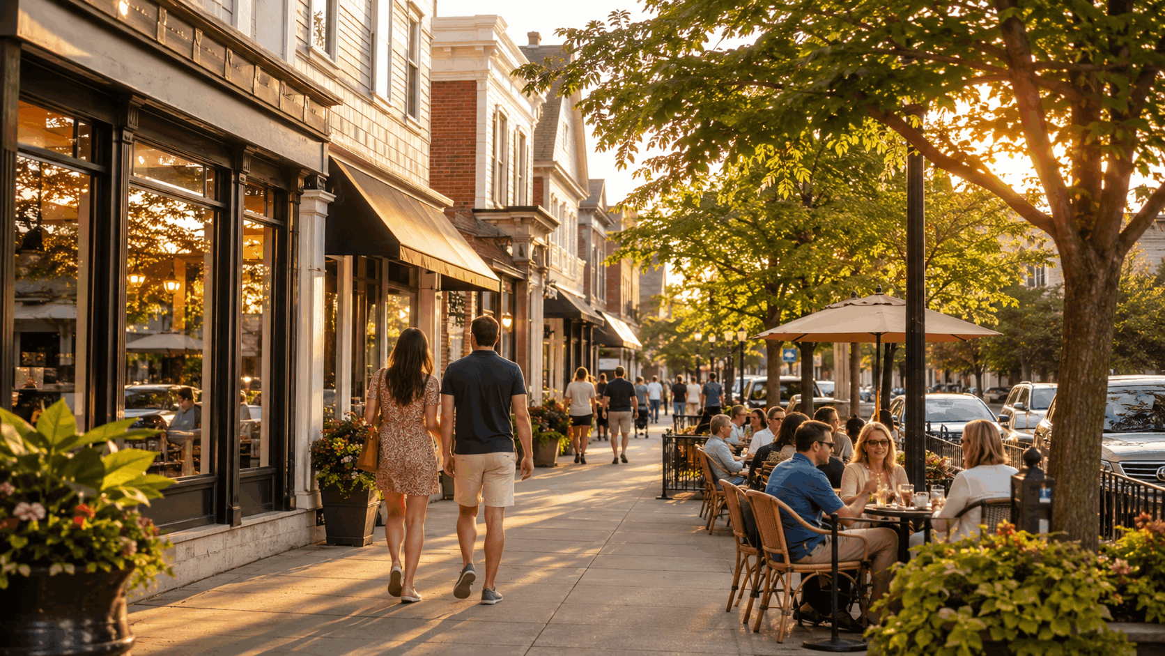 Downtown Westfield NJ street with boutique storefronts, restaurants, outdoor dining, and people walking in warm golden hour light.