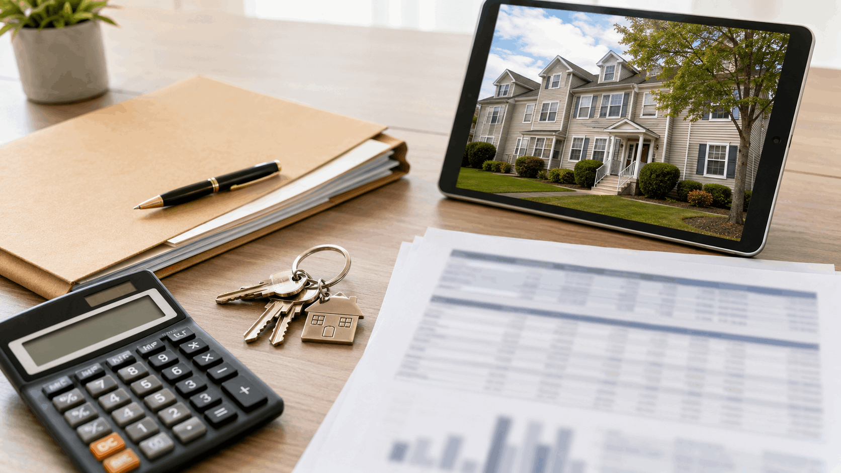 Real estate valuation desk with keys, calculator, lease folder, rent roll papers, and a North Jersey multifamily rental home on a tablet.