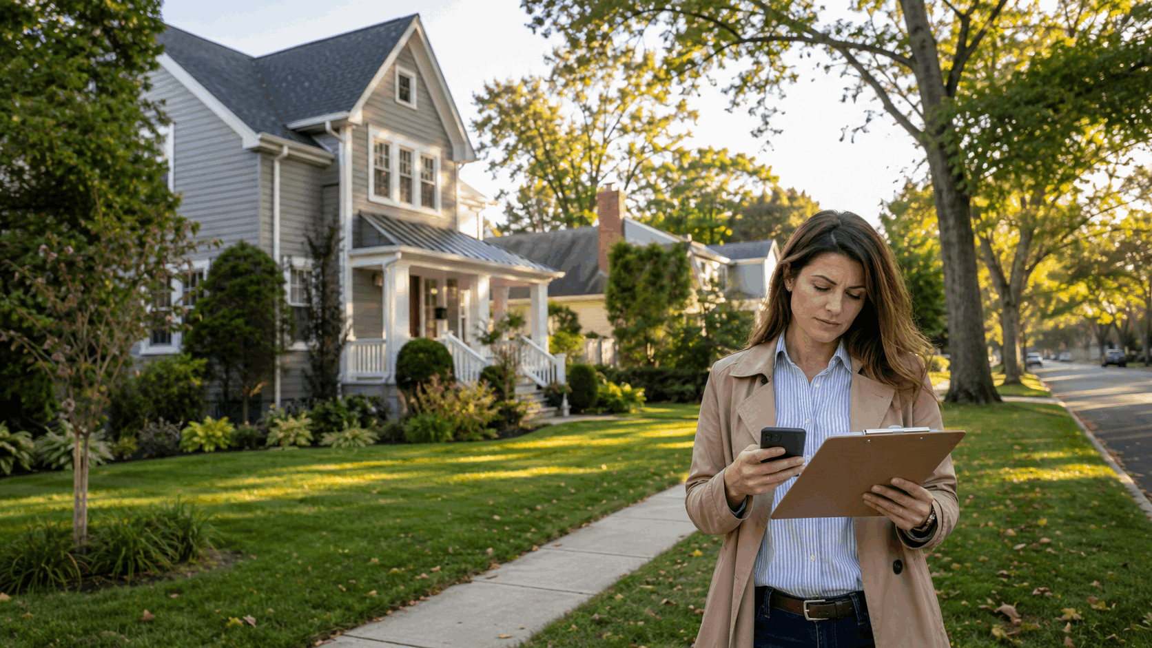 Thoughtful homebuyer comparing notes on a phone and clipboard outside a charming Westfield NJ home on a tree-lined street.