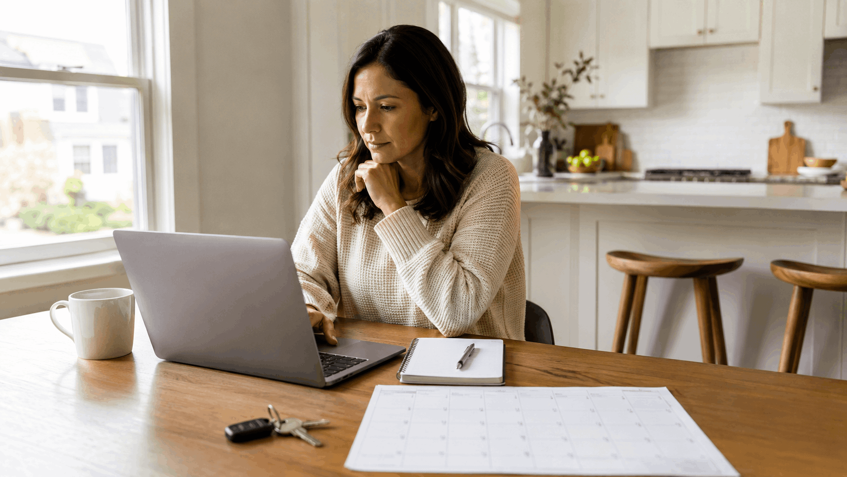 Parent reviewing school boundary information and home search notes on a laptop at a North Jersey kitchen table.