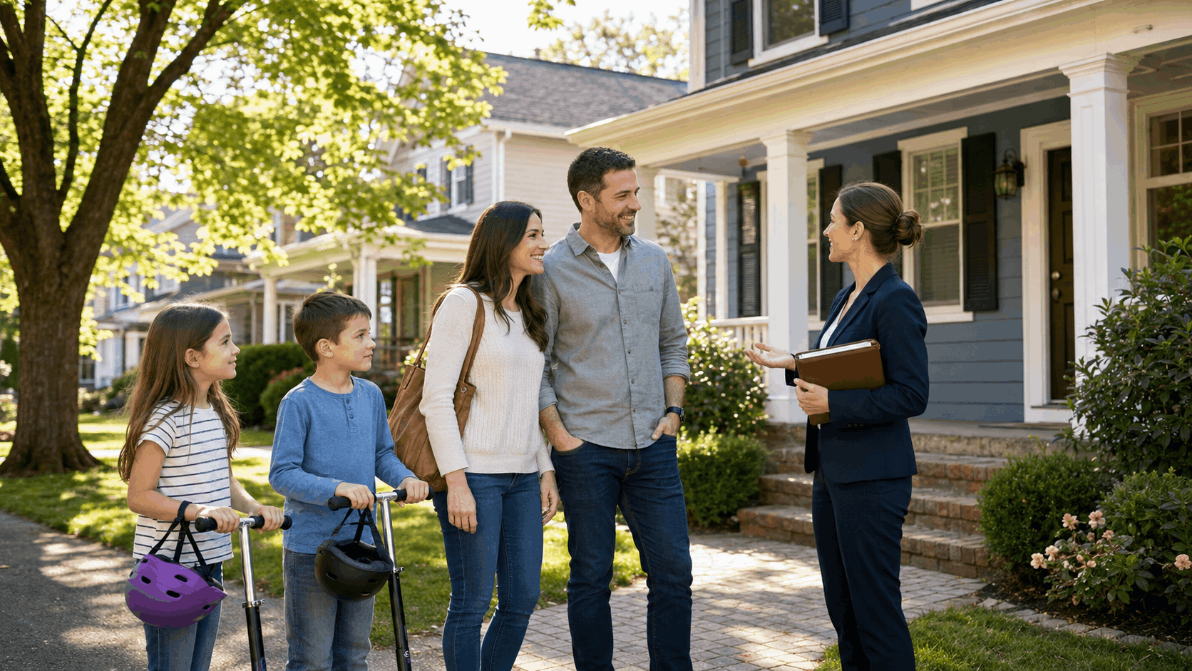 Young family touring a welcoming Westfield NJ home with a real estate agent in a train-friendly neighborhood.