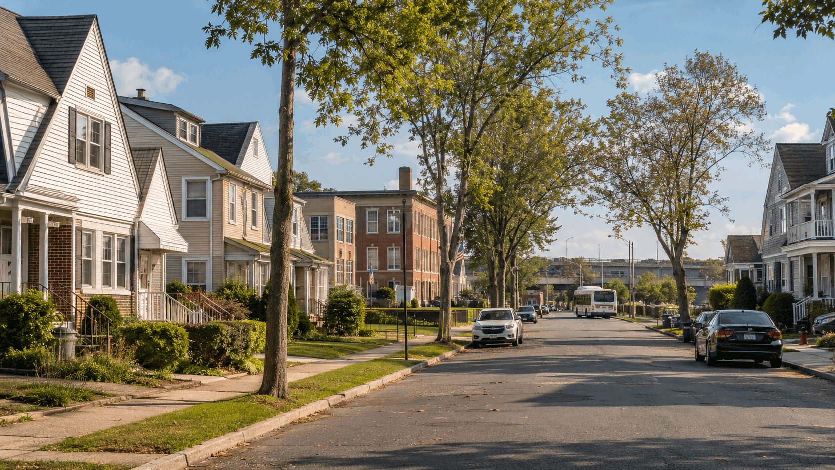 Clifton, New Jersey neighborhood with Cape Cod and two-family homes, a public school, commuter bus, and nearby highway access.