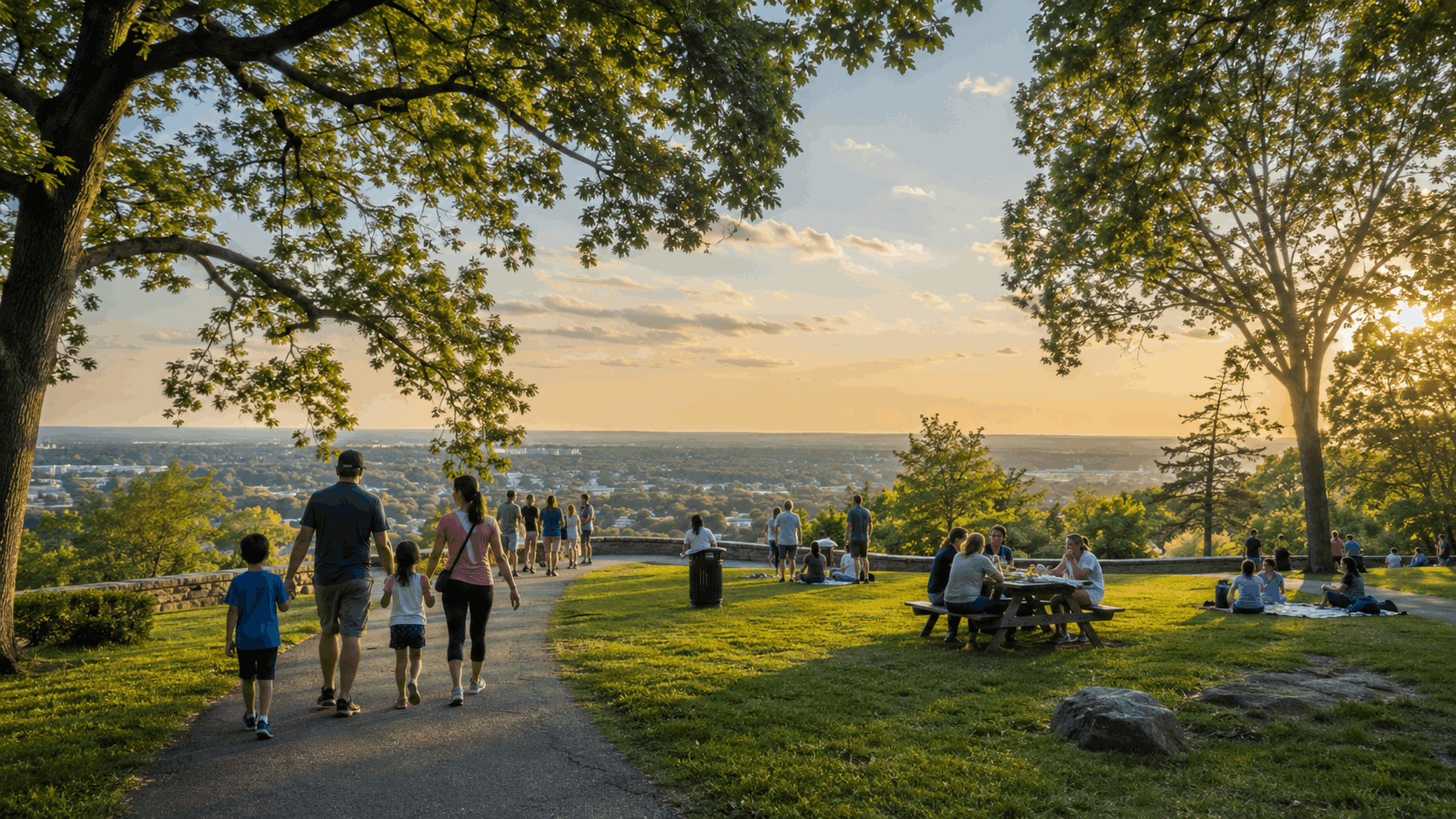 Scenic Passaic County park overlook with families walking, picnic areas, mature trees, and soft evening sunlight inspired by Garret Mountain Reservation.