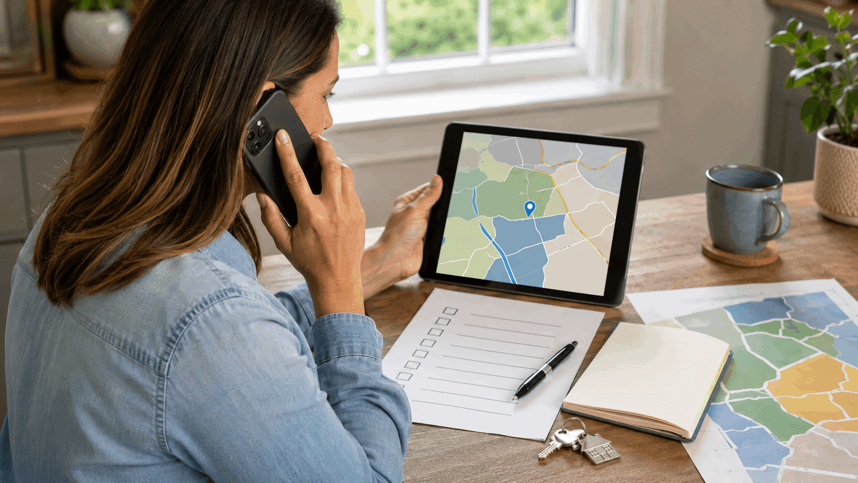 Homebuyer verifying a North Jersey school assignment by phone using a tablet, district map, checklist, notebook, and house keys.