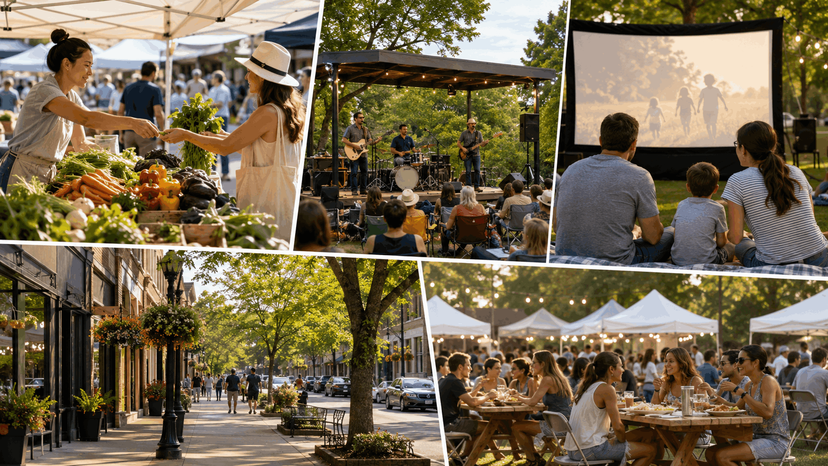 North Jersey weekend activities collage featuring a farmers market, live music, outdoor movie night, downtown street, and food festival.