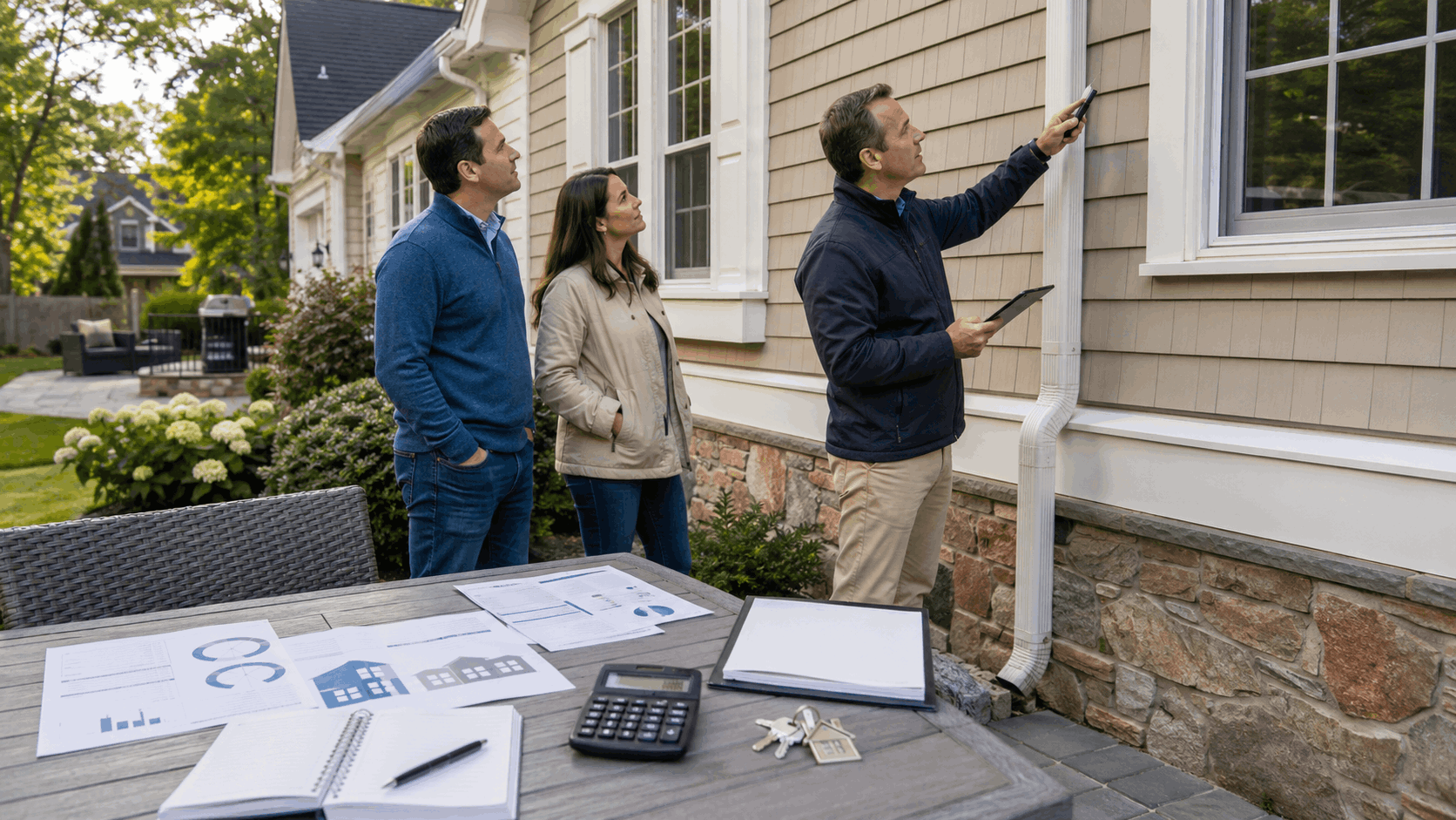 North Jersey homebuyers reviewing school and mortgage information while an inspector examines a suburban house.