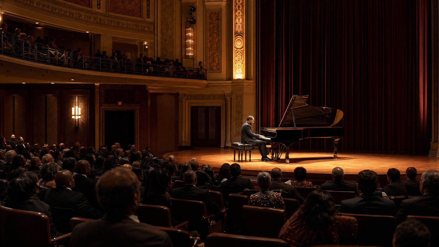 Sophisticated Newark jazz concert inside a grand performing arts hall with a pianist on stage, warm spotlight, and seated audience.