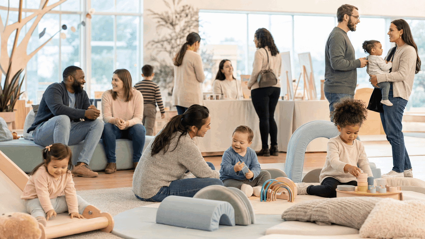 Sensory-friendly family event in a bright indoor entertainment space with children playing gently, parents talking, and resource tables in the background.
