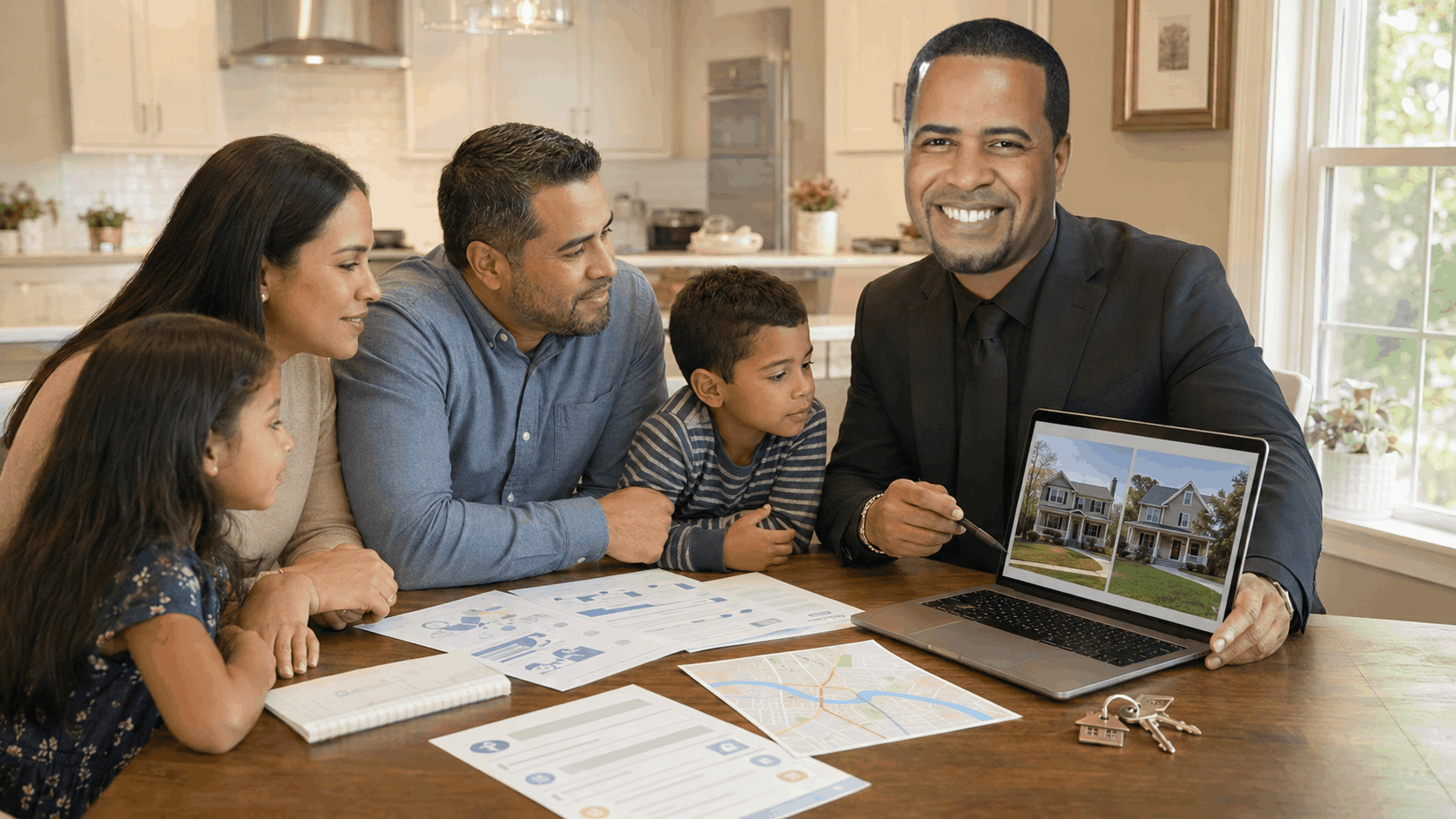 Johnny Rodriguez helping a North Jersey family compare two homes, school information, commute options, and mortgage documents.