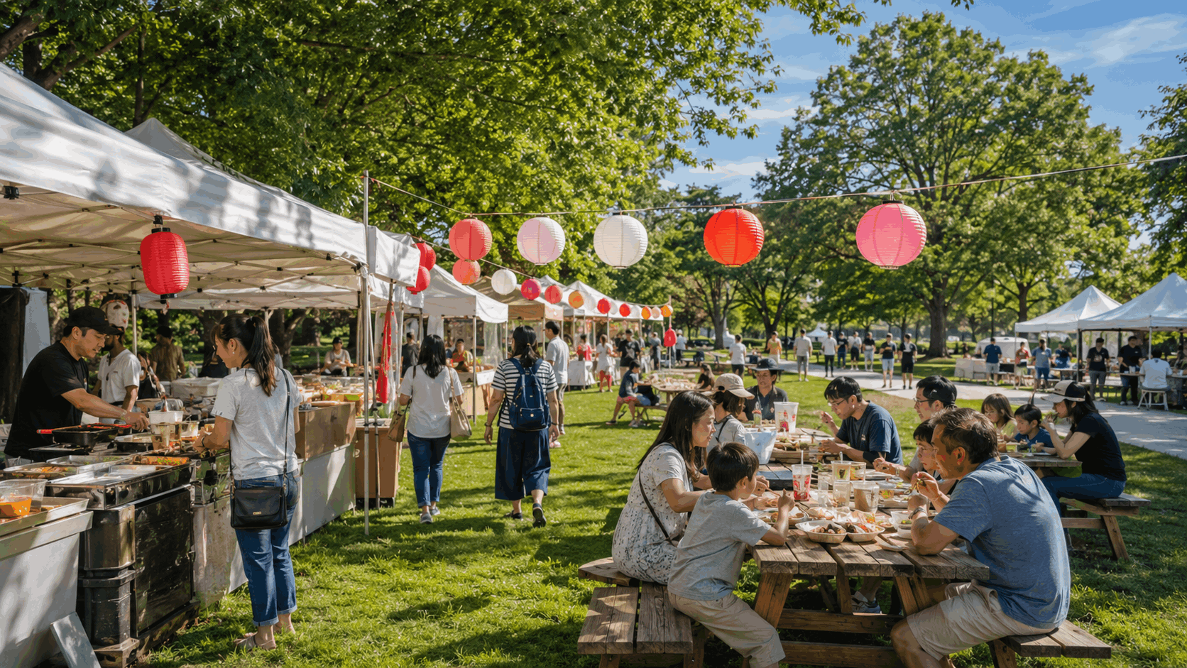Outdoor Japanese food festival in a Bergen County park with food vendor tents, colorful lanterns, families eating at picnic tables, and open green lawn.