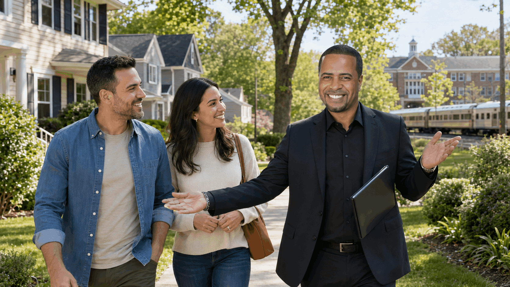 Johnny Rodriguez guiding North Jersey homebuyers through a residential neighborhood near a public school and commuter train.