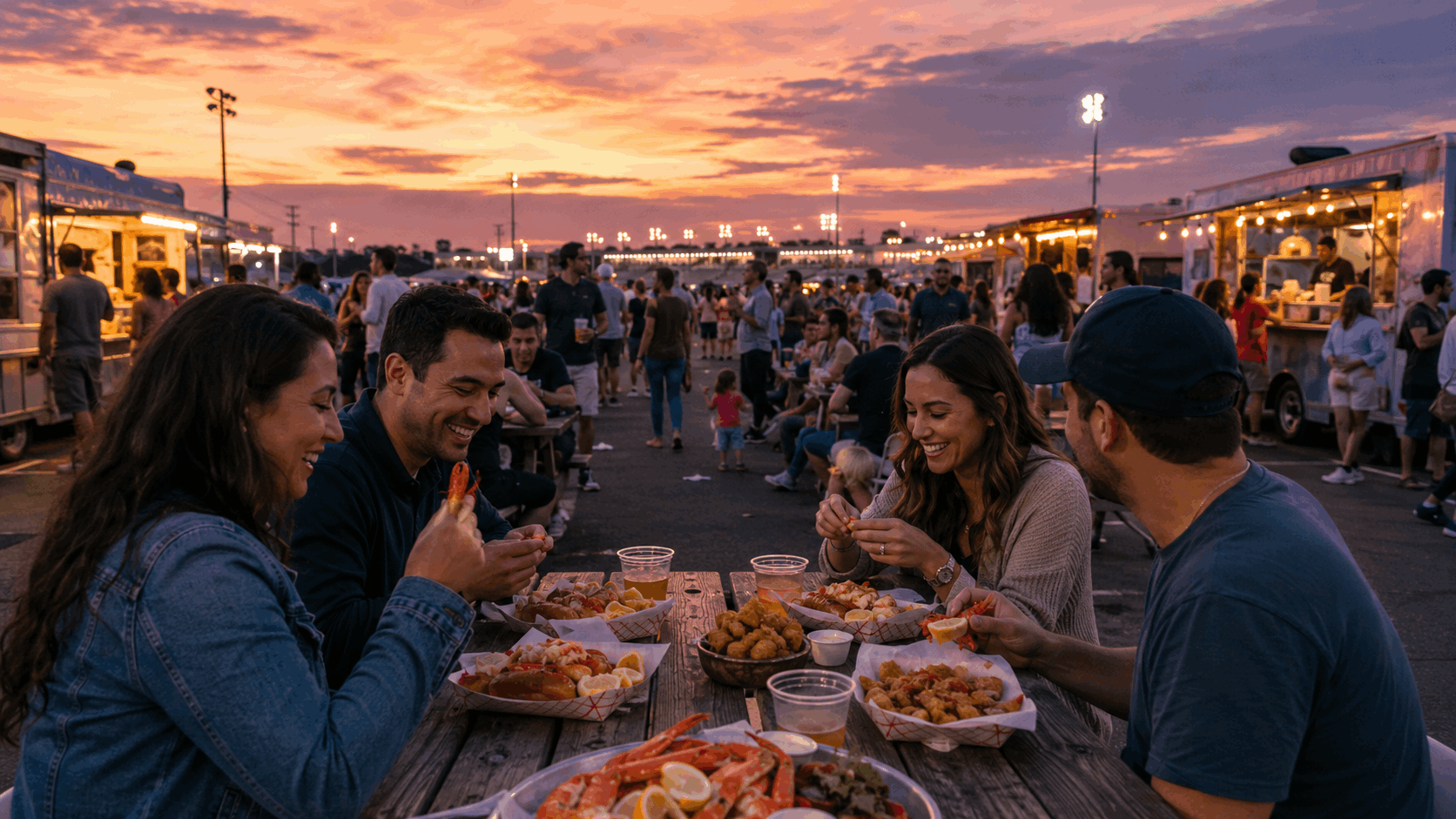 Evening seafood festival at a Meadowlands-style North Jersey outdoor venue with food trucks, seafood plates, casual crowds, and warm sunset sky.
