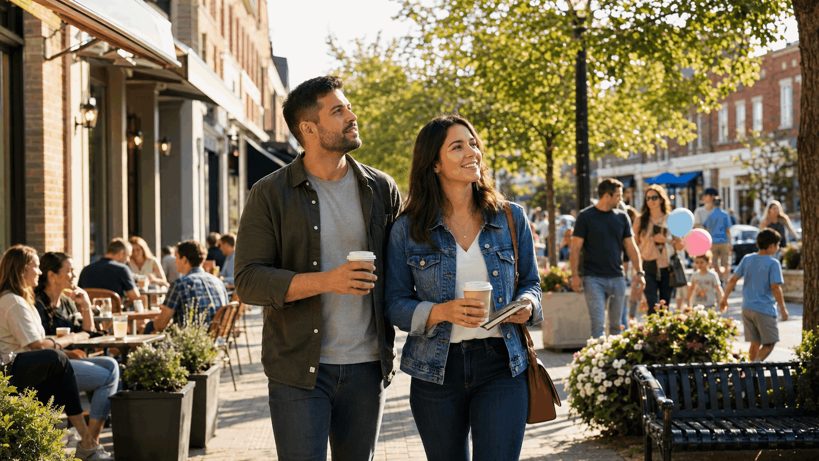 North Jersey homebuyer couple walking through a lively suburban downtown after a weekend event with coffee shops and families in the background.