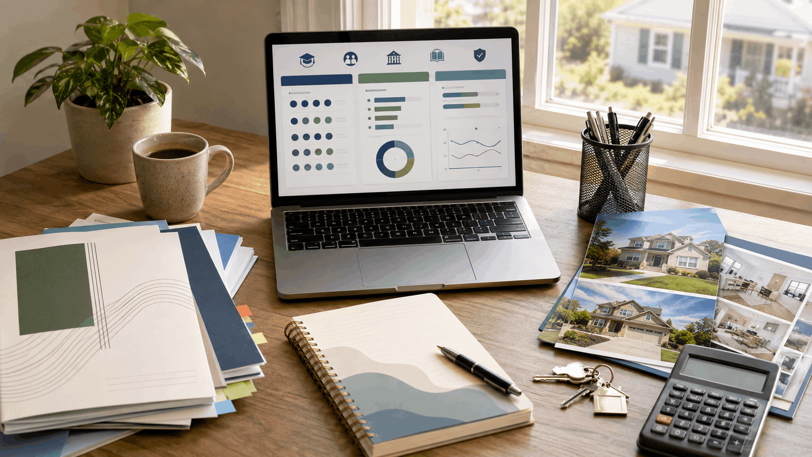 Homebuyer research desk with a laptop comparing North Jersey schools, property brochures, reports, calculator, notebook, and house keys.