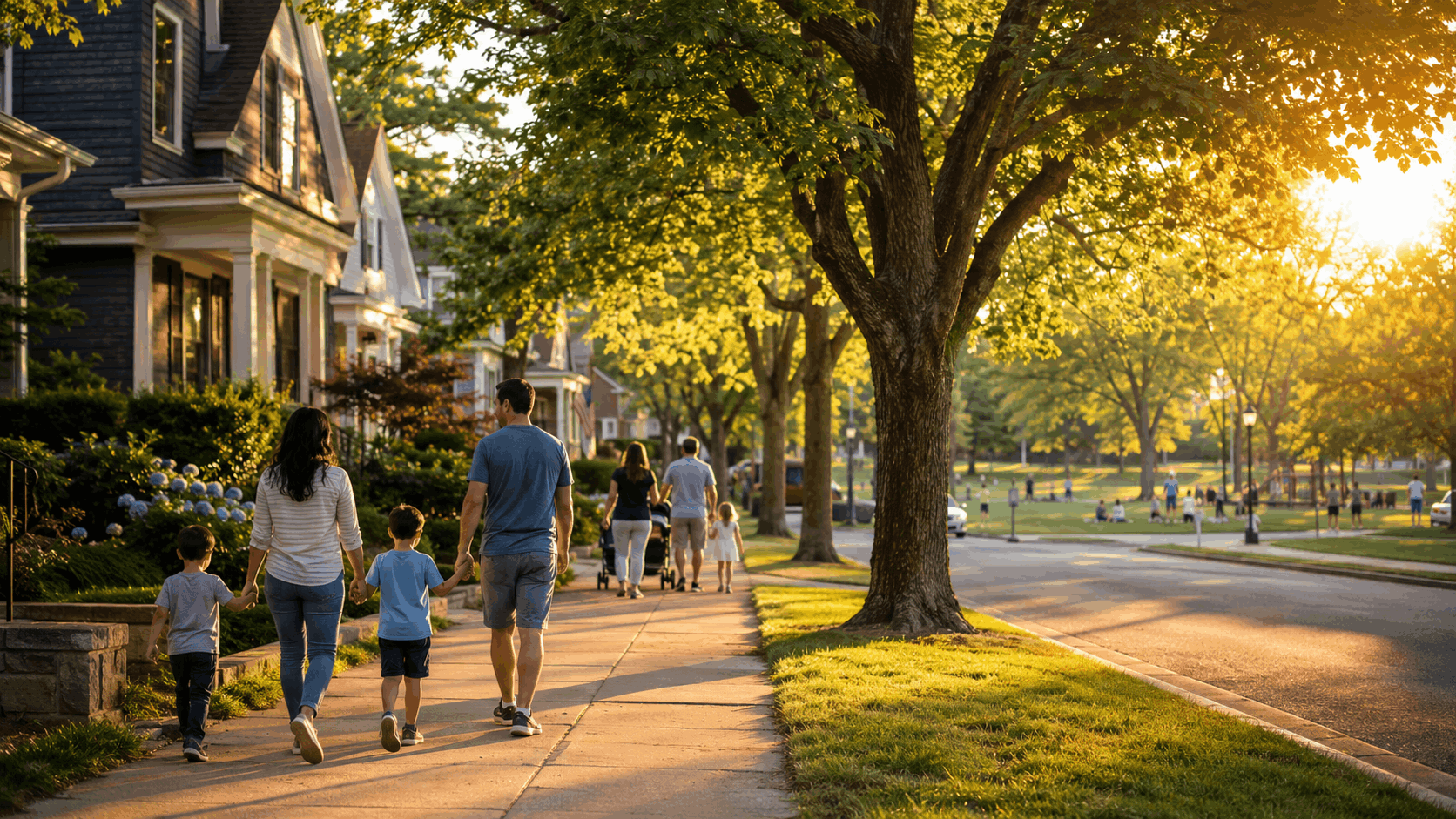 Beautiful North Jersey suburban street at golden hour with families walking, tree-lined sidewalks, welcoming homes, and nearby park activity.