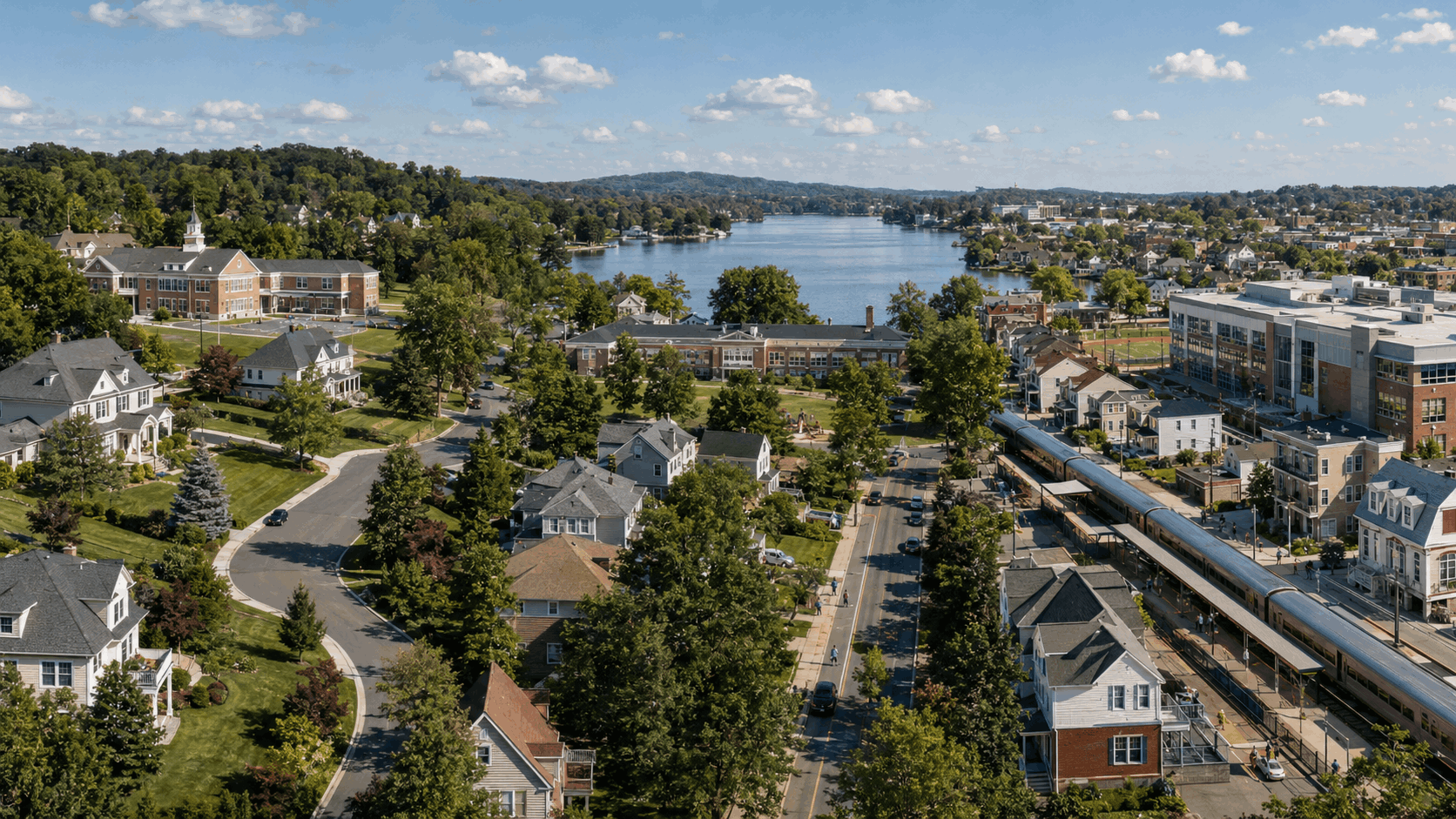 Panoramic view of Wayne, Pompton Lakes, and Clifton neighborhoods with public schools, suburban homes, a lake, and commuter rail.