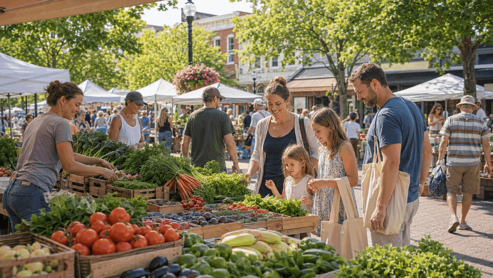 North Jersey farmers market on a sunny morning with fresh produce stands, families browsing, reusable bags, and a small-town downtown backdrop.