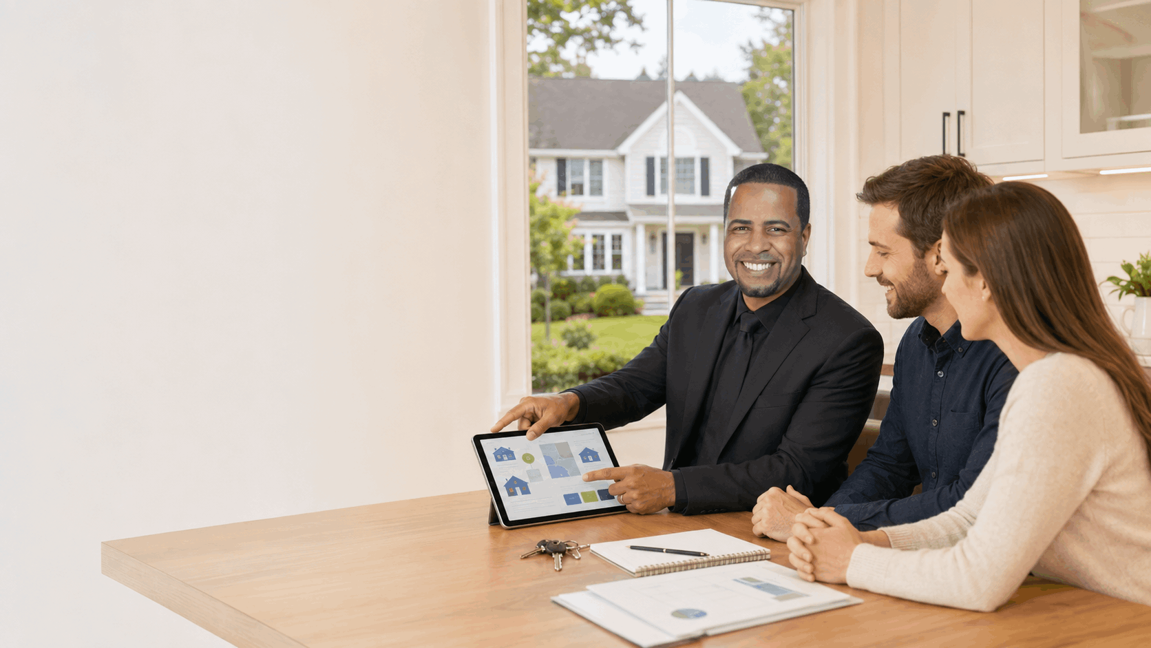 Johnny Rodriguez helping North Jersey homebuyers compare towns and homes during a personalized kitchen-table consultation.