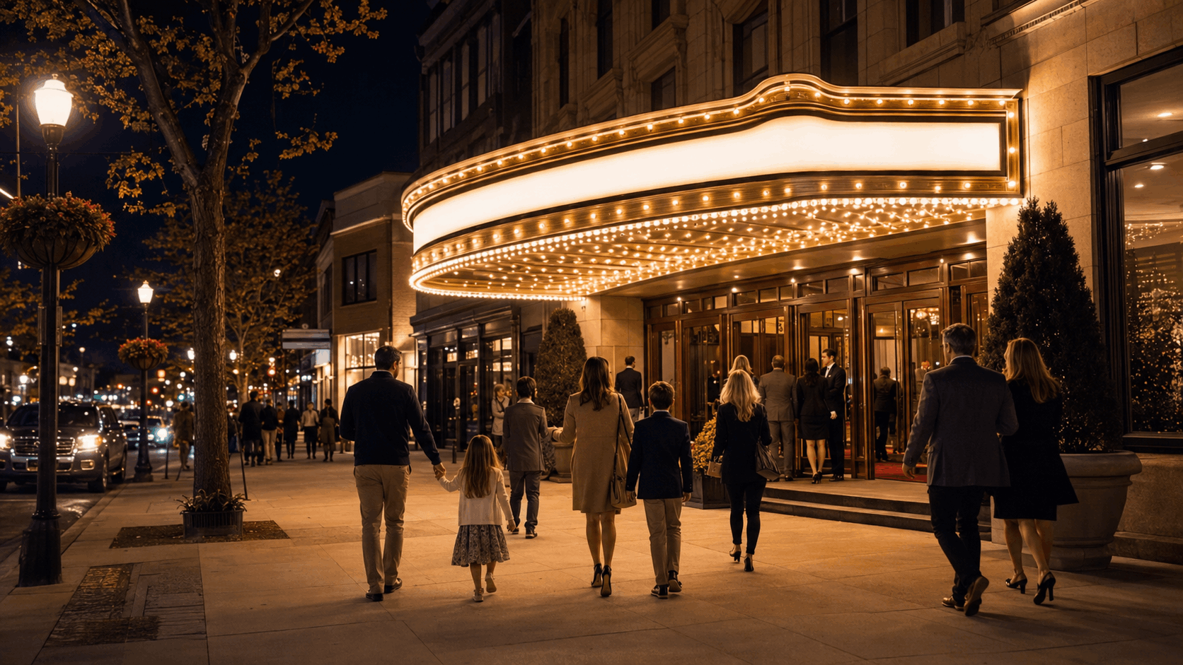 Elegant North Jersey performing arts theater entrance at night with families and couples arriving for a show under a warm glowing marquee.