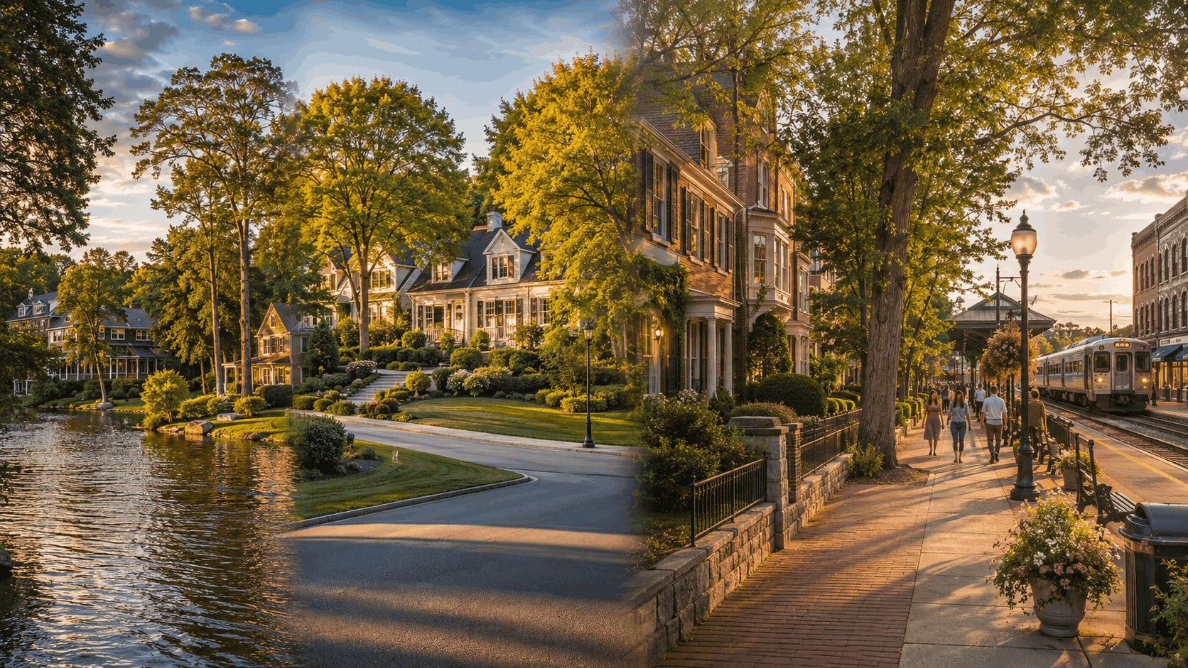 North Jersey communities inspired by Mountain Lakes, Livingston, Millburn, and Summit with lakeside homes, elegant streets, and commuter rail.