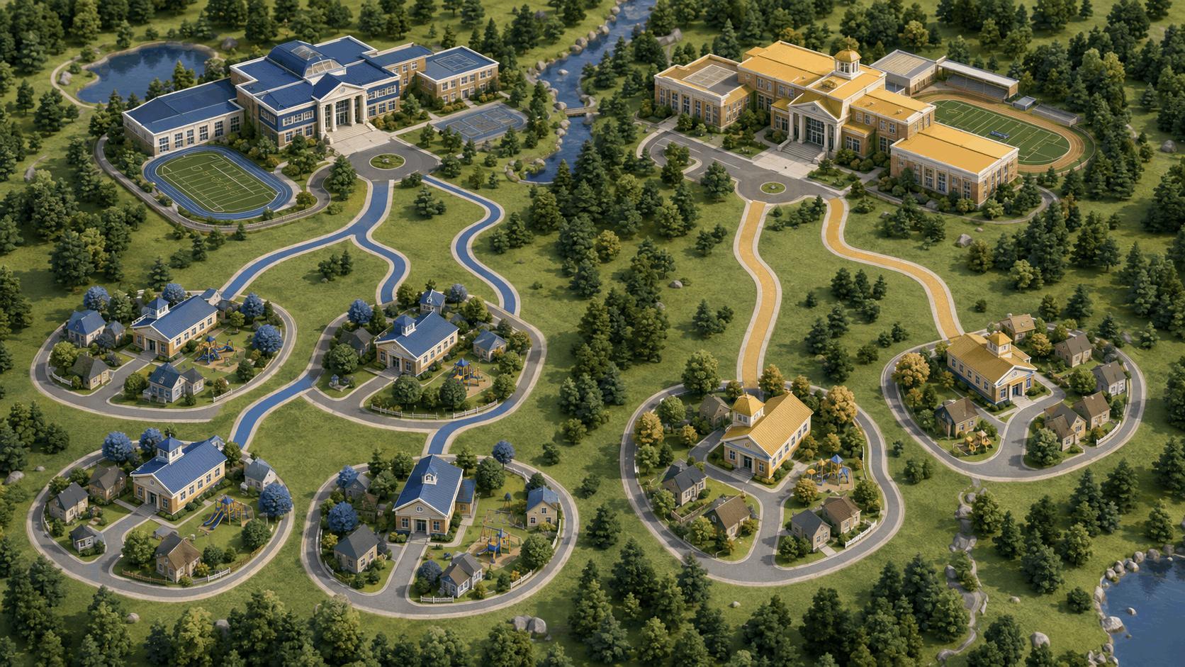 Isometric map of seven North Jersey communities with elementary schools connecting to two shared regional high schools.