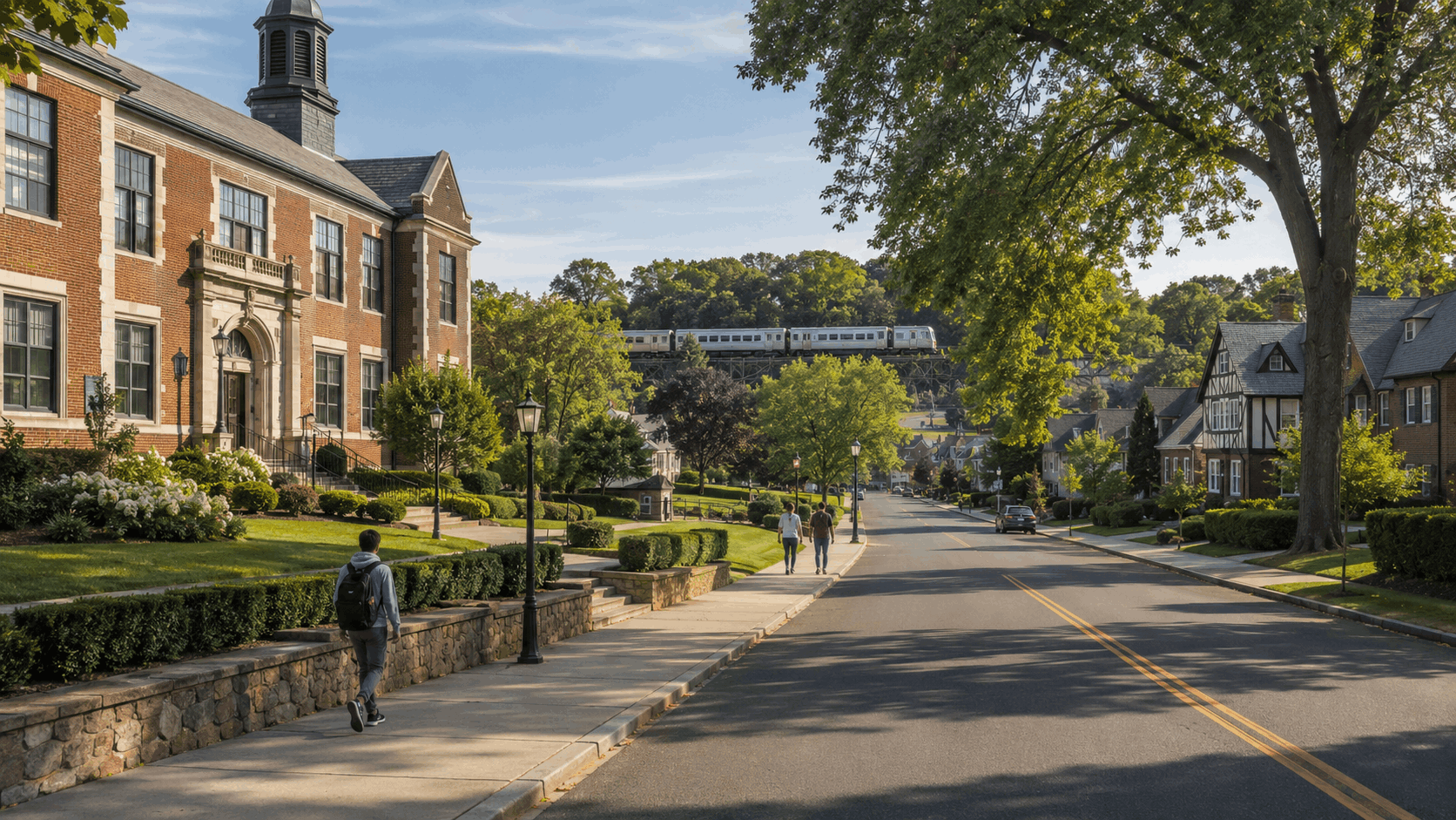 Bergen County neighborhood with a public school, Tudor and colonial homes, pedestrians, mature trees, and a commuter train.
