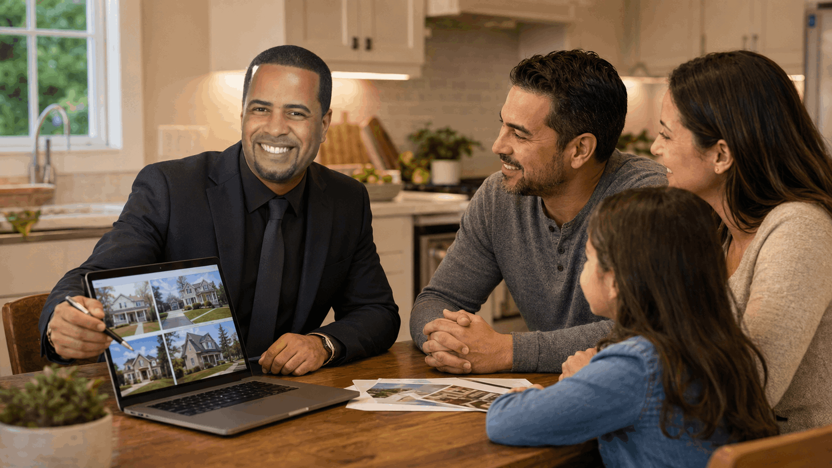 Latino North Jersey real estate professional meeting with a family at a kitchen table while reviewing home photos on a laptop.
