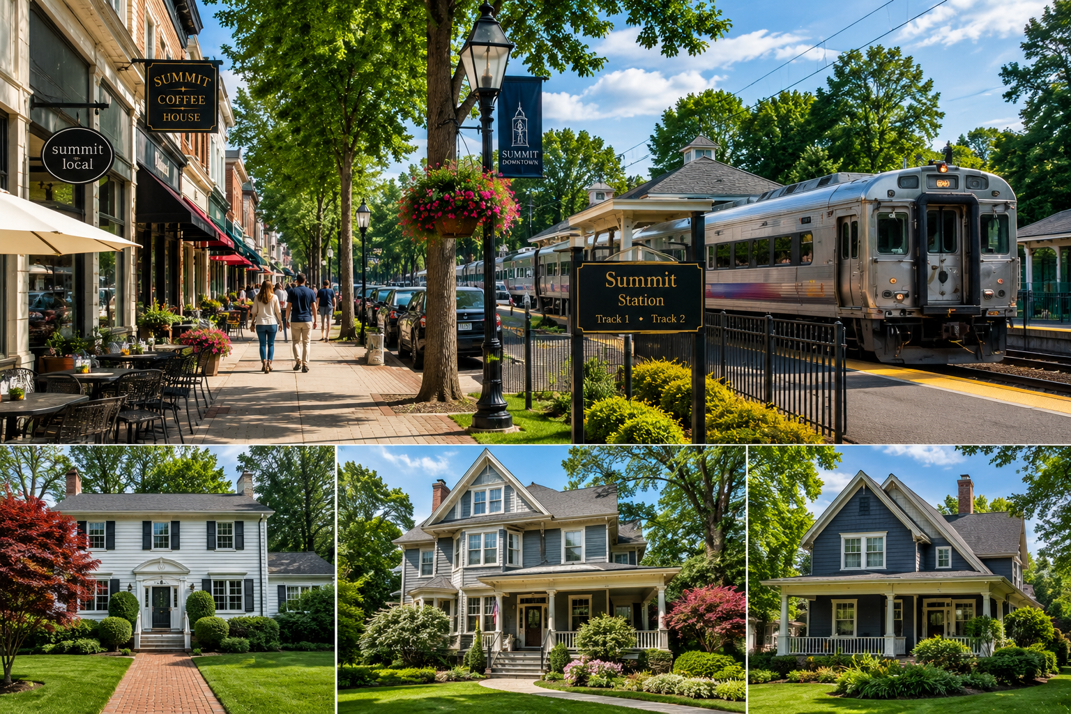Summit, New Jersey downtown with local shops, cafés, commuter rail access, and nearby Colonial and historic-style homes.