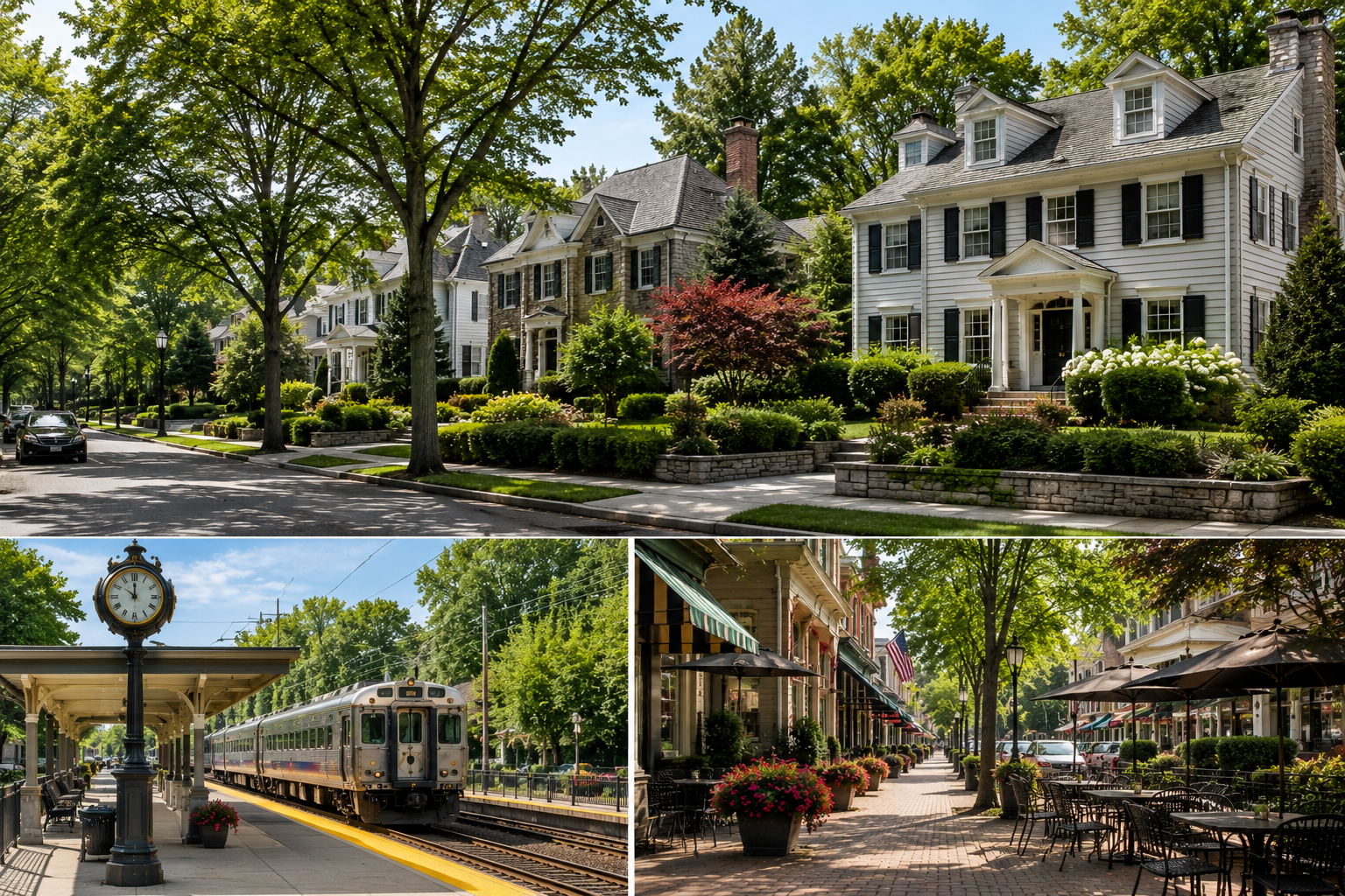 Millburn and Short Hills, New Jersey neighborhood with upscale homes, tree-lined streets, downtown shops, and NJ Transit commuter rail access.