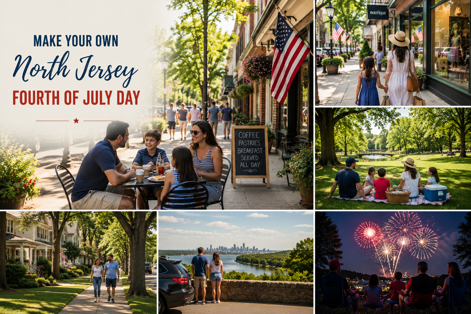 Family enjoying a self-guided Fourth of July day in North Jersey, with local dining, shopping, parks, neighborhood exploration, and evening fireworks.