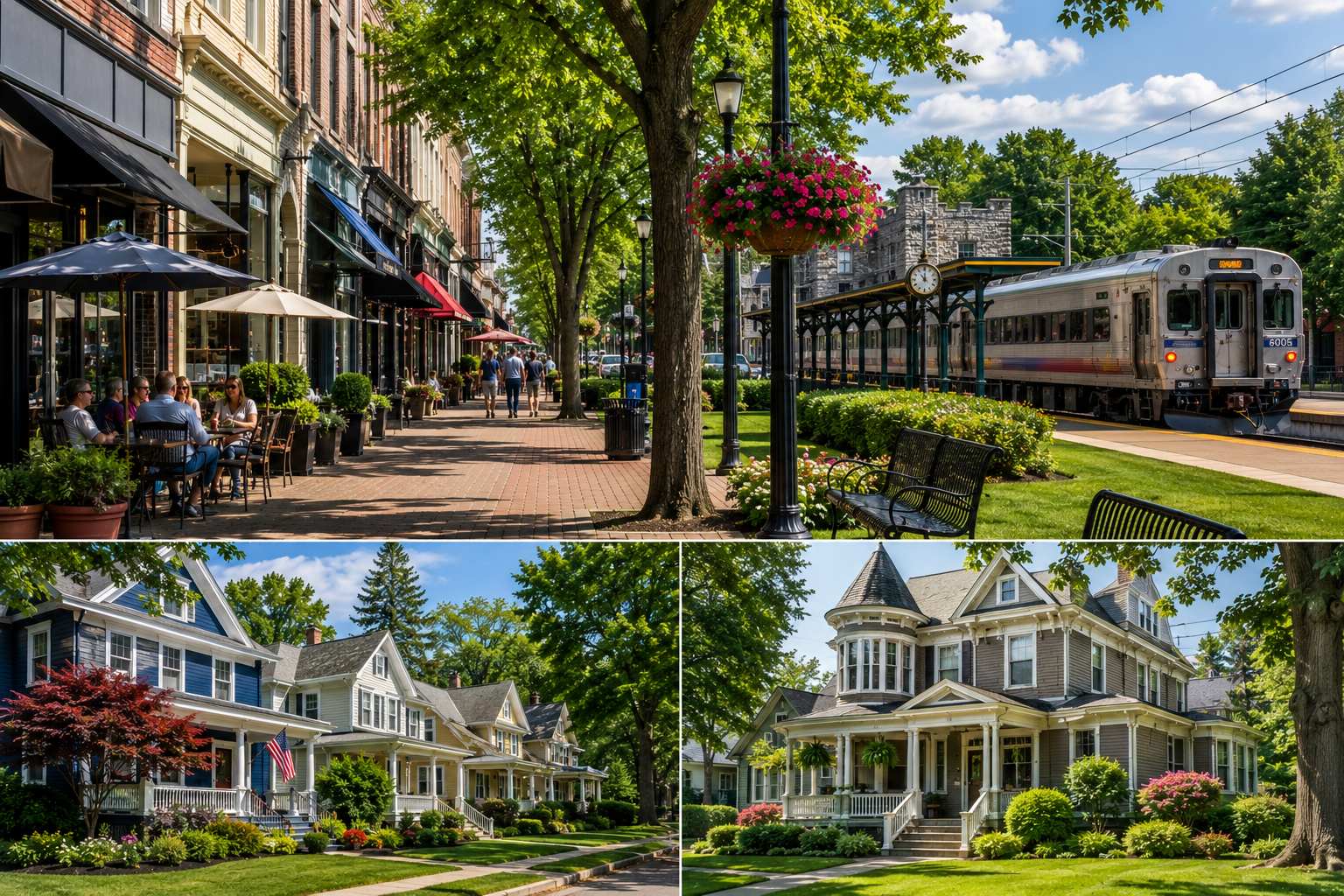Westfield, New Jersey downtown with restaurants, shops, NJ Transit rail access, and nearby Colonial and Victorian-style homes.