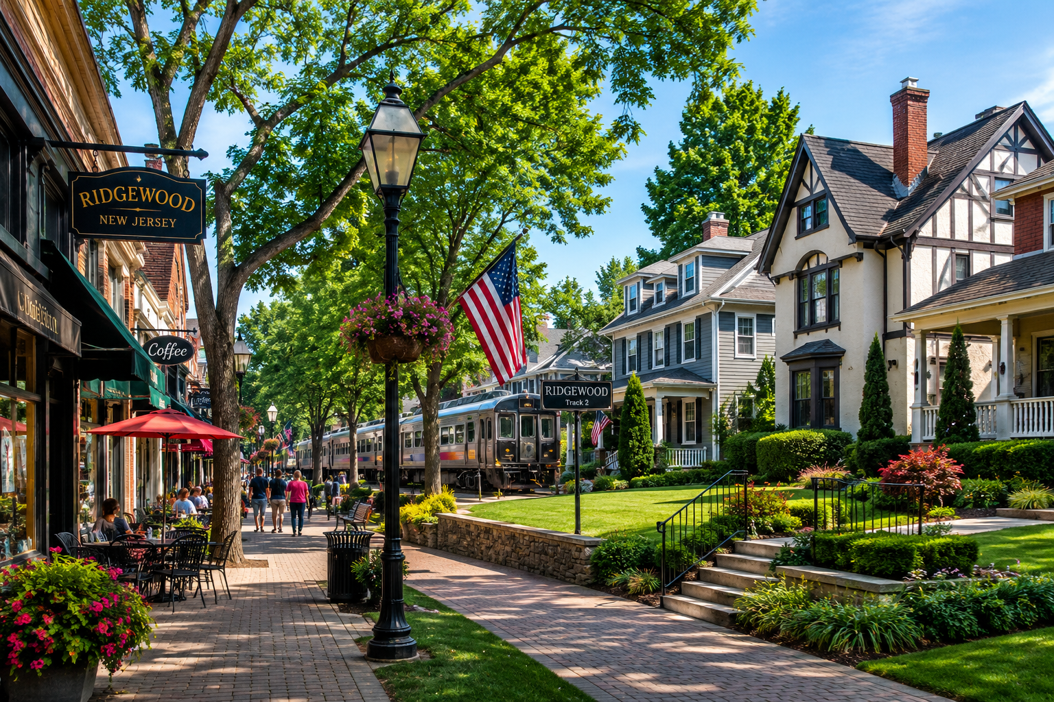 Walkable Ridgewood, New Jersey downtown with local cafés, boutique shops, NJ Transit train access, and nearby Tudor and Colonial homes.