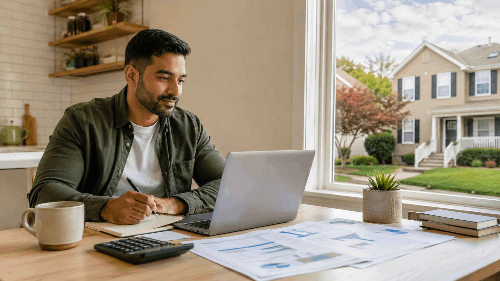 Renter reviewing a homebuying budget and mortgage calculator at a kitchen table, with a North Jersey home visible outside the window.