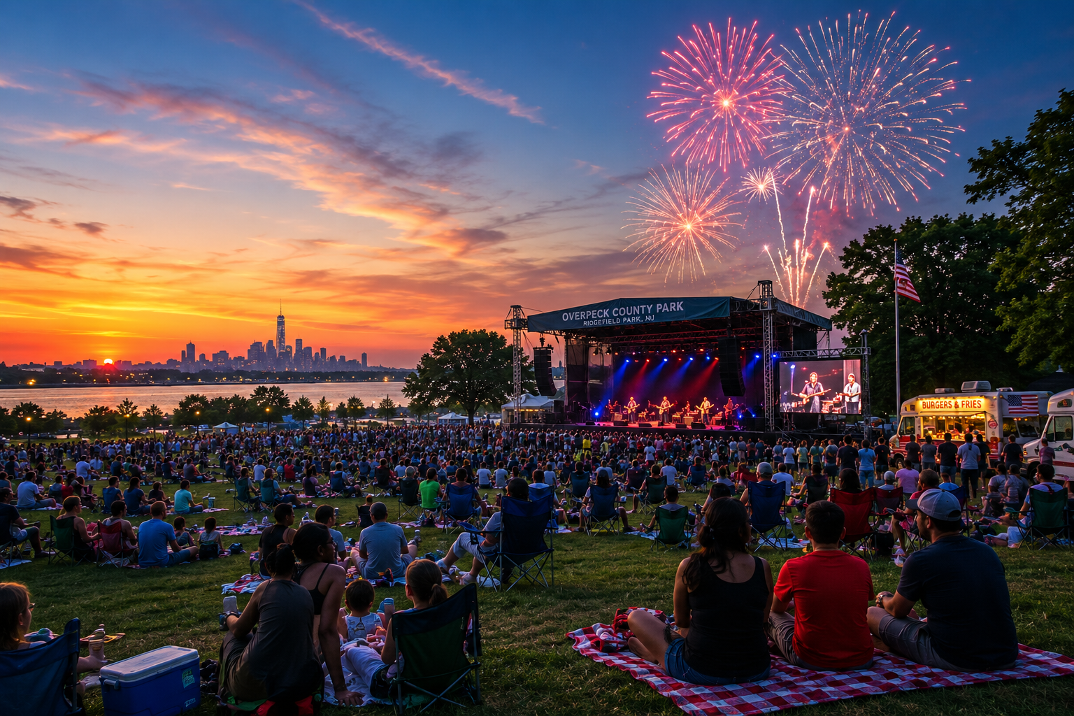 Families enjoy live music, food trucks, and Fourth of July fireworks at Overpeck County Park in Bergen County, New Jersey.