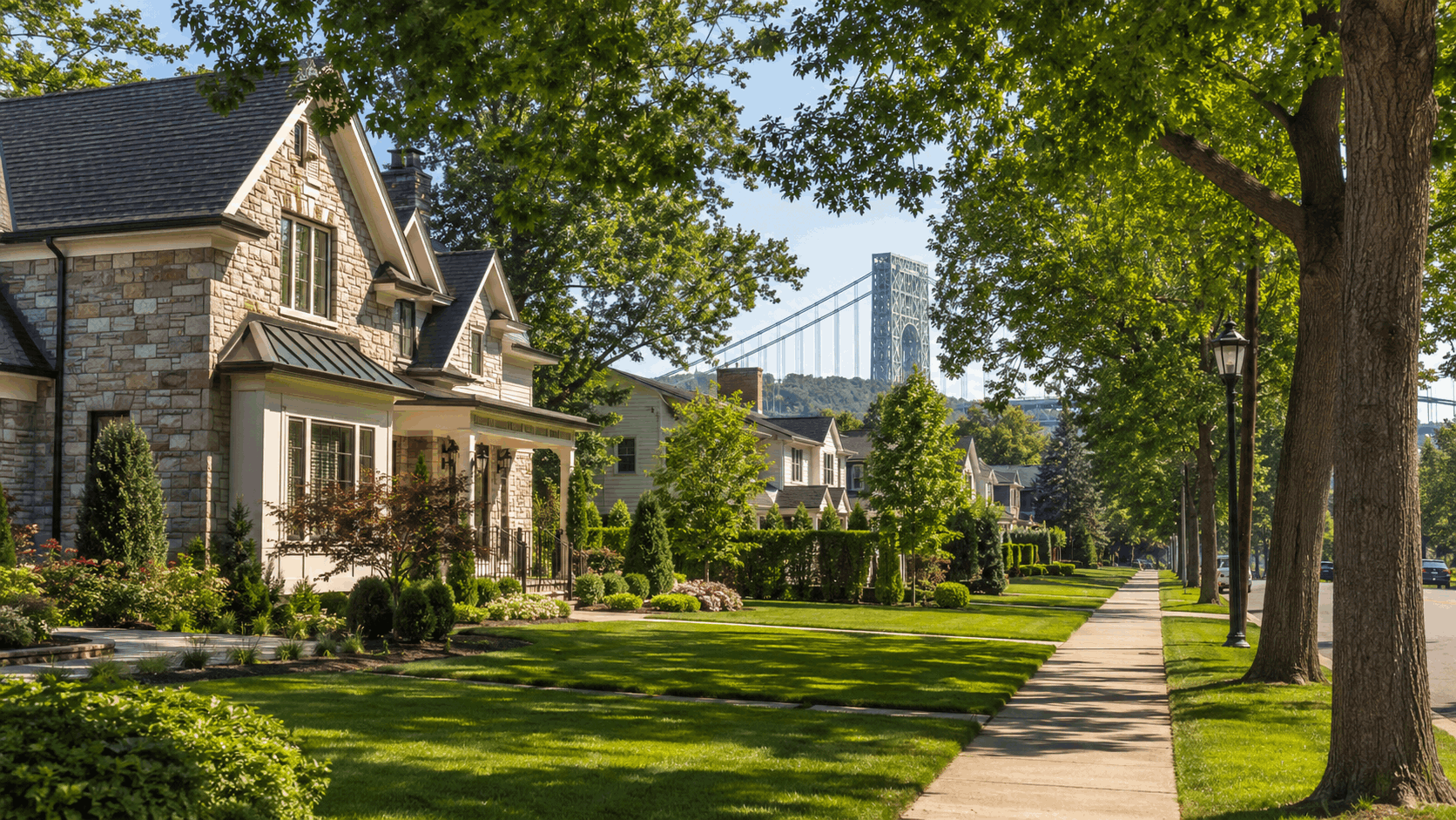 Tenafly, New Jersey suburban street with upscale single-family homes, mature trees, manicured lawns, and a distant view toward the George Washington Bridge.