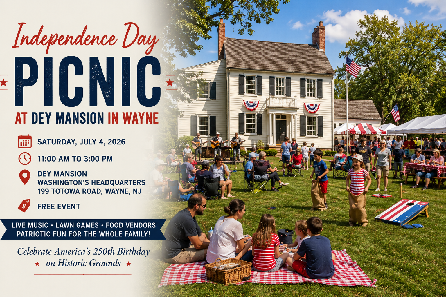 Families enjoy lawn games, live music, and a Fourth of July picnic at historic Dey Mansion in Wayne, New Jersey.