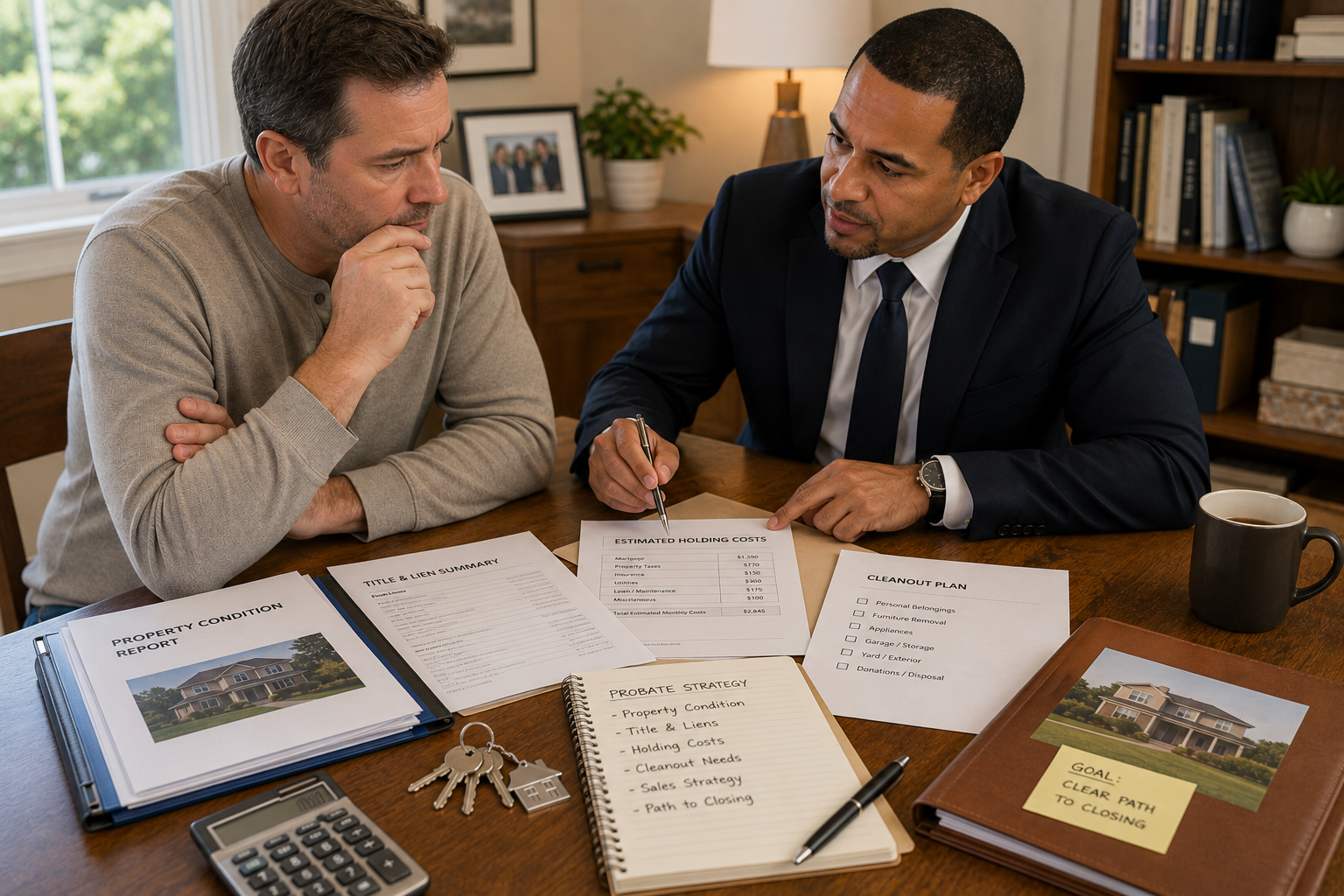 Real estate advisor helping an executor review property condition, lien details, holding costs, cleanout needs, and a probate sale strategy in North Jersey.