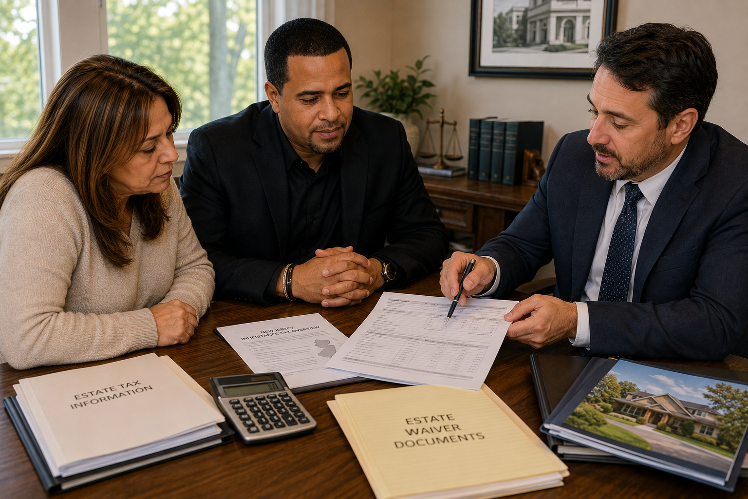 Estate attorney, executor, and real estate advisor reviewing New Jersey probate tax forms, waiver documents, and estate obligations.