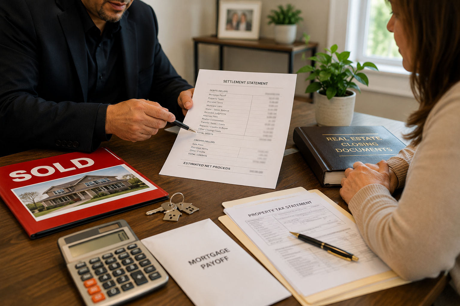 Real estate advisor reviewing a probate sale settlement statement, mortgage payoff, property taxes, and closing costs with a client.
