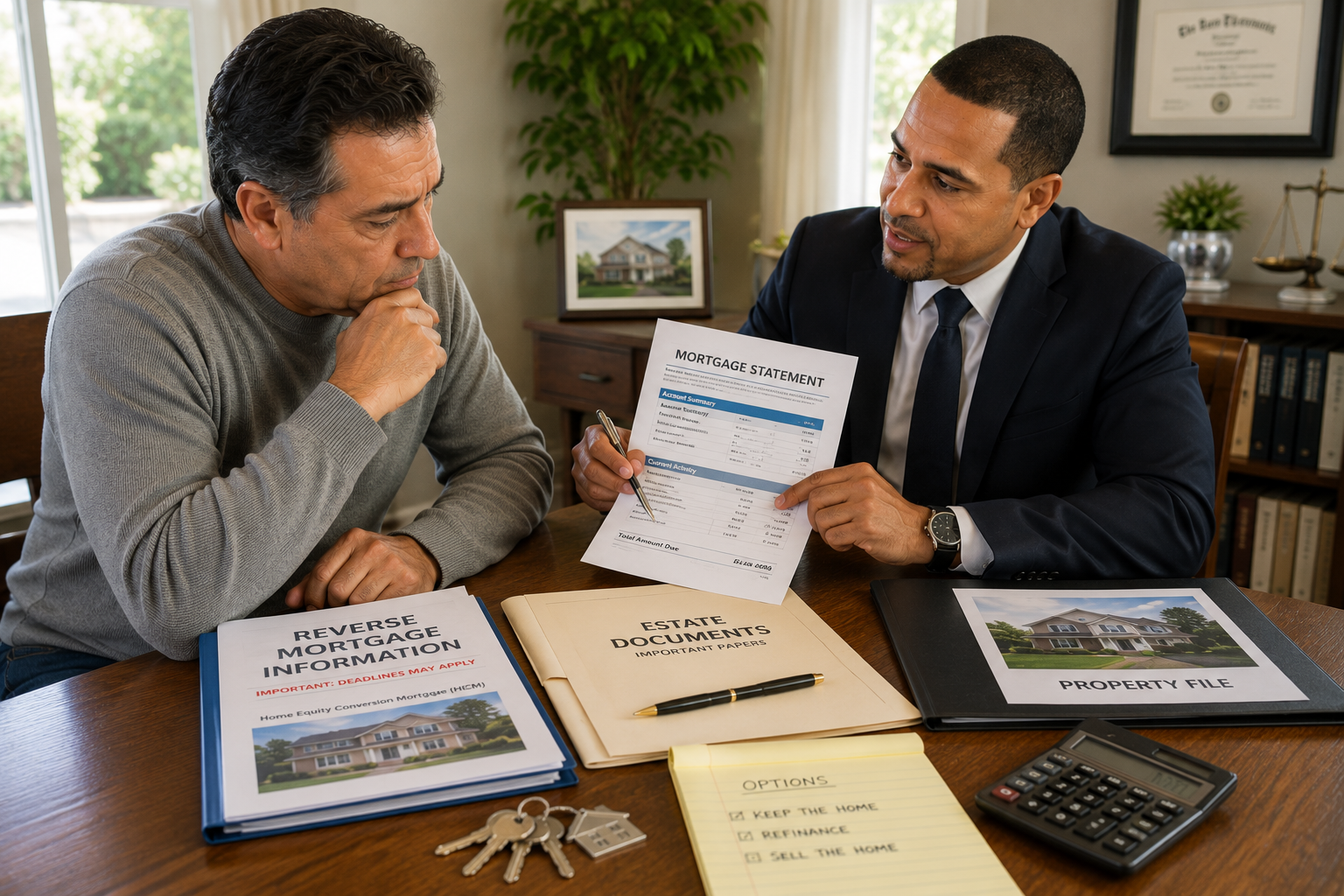 Executor reviewing a mortgage statement and reverse mortgage paperwork with a real estate advisor during New Jersey probate.