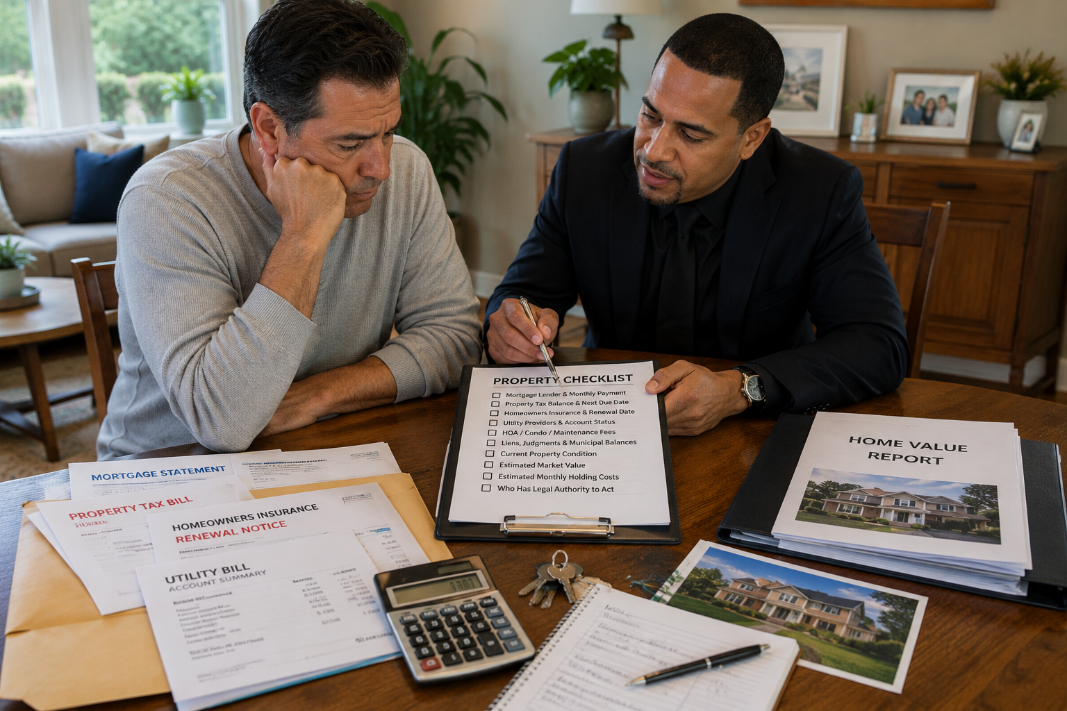 Executor reviewing urgent probate property bills, insurance renewals, mortgage statements, and a home value checklist with a real estate advisor.