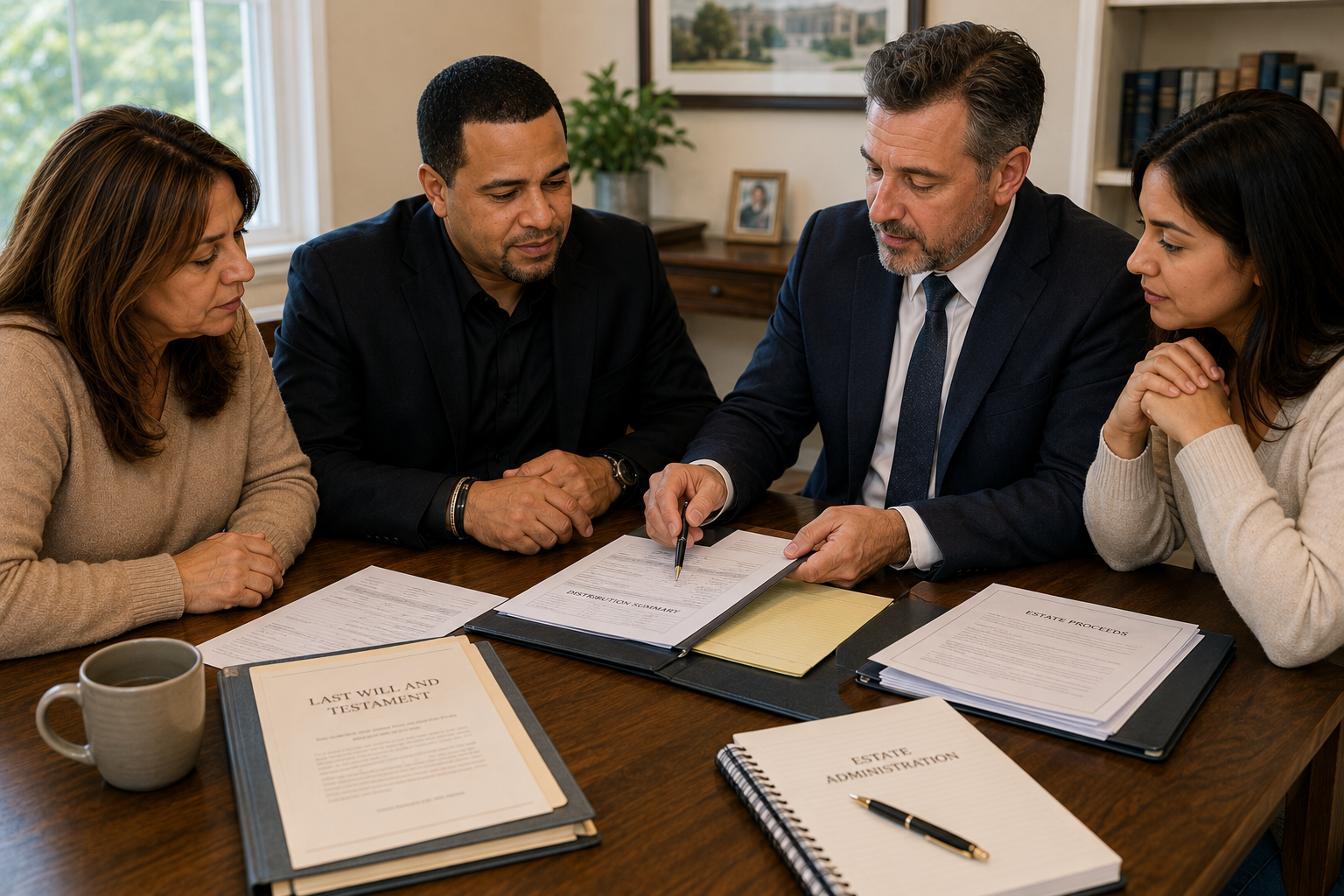 Executor, heirs, and estate attorney reviewing a will and probate distribution documents after a New Jersey home sale.