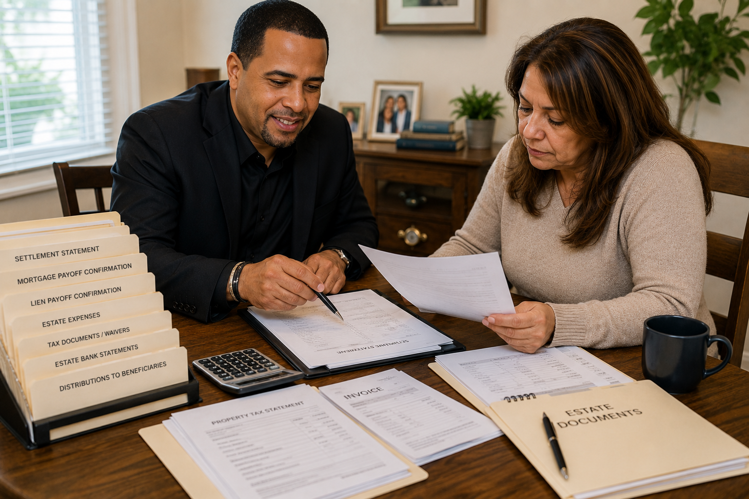 Executor reviewing estate records, payoff confirmations, tax documents, and beneficiary paperwork with a real estate advisor.