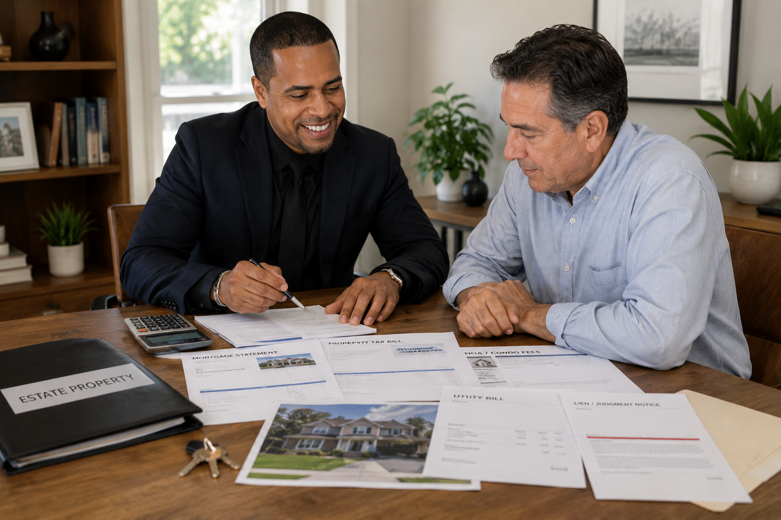Executor and real estate advisor reviewing mortgage, property tax, utility, HOA, and lien documents for an inherited New Jersey home.
