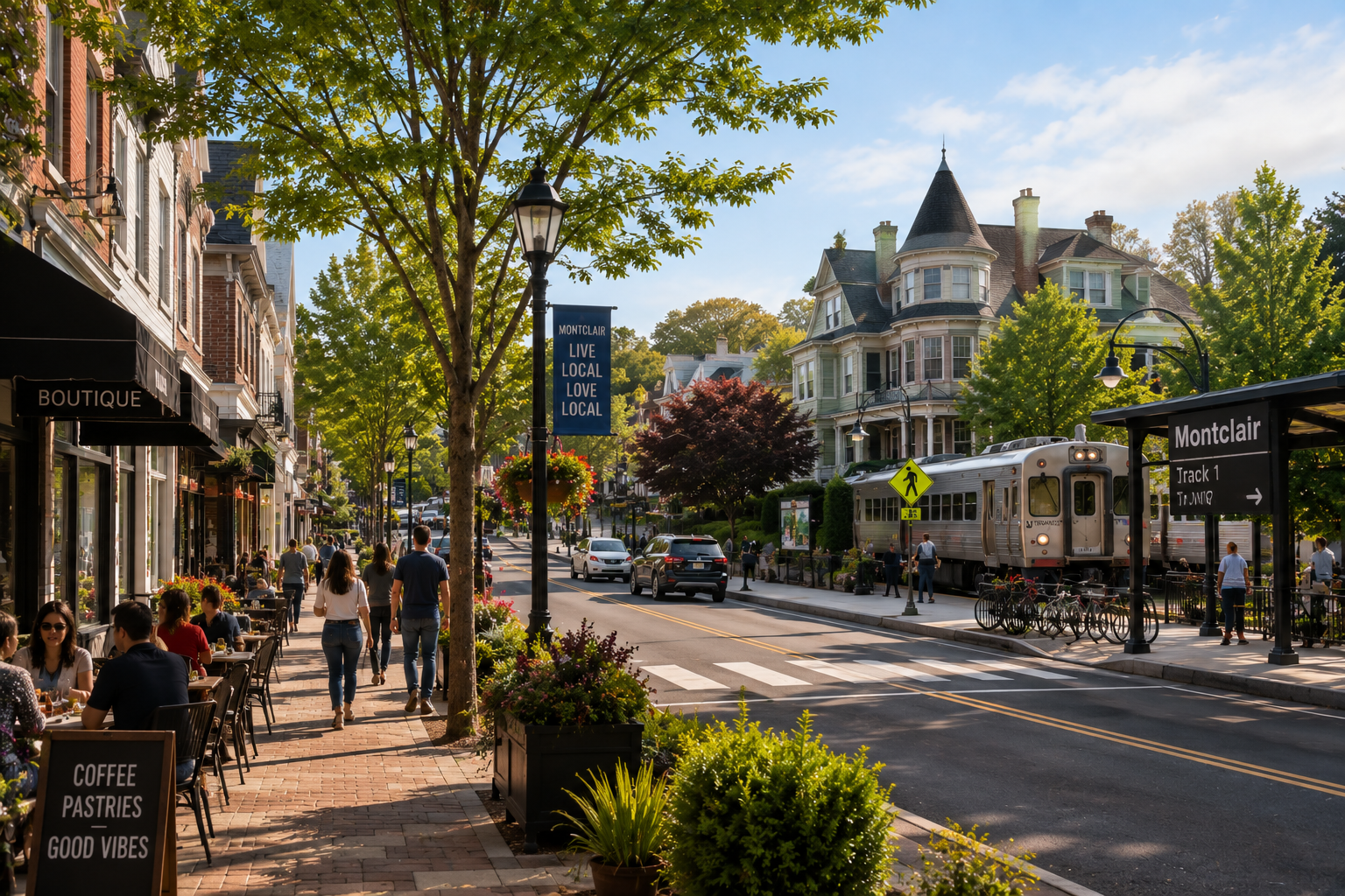 Montclair, New Jersey downtown with walkable streets, cafes, homes, and train access for NYC commuters.