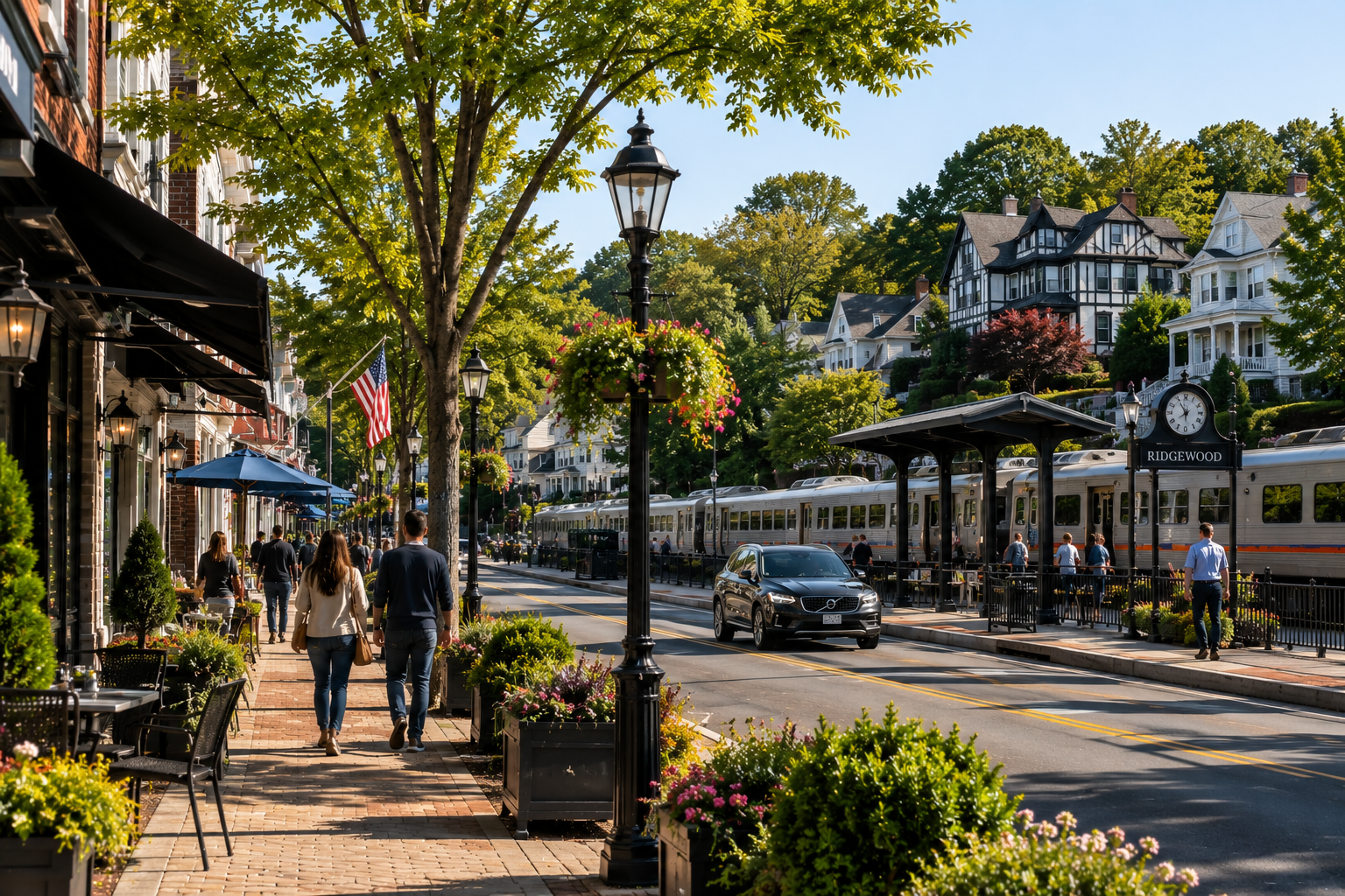 Ridgewood, NJ downtown with boutiques, classic homes, and commuter train access for NYC buyers.