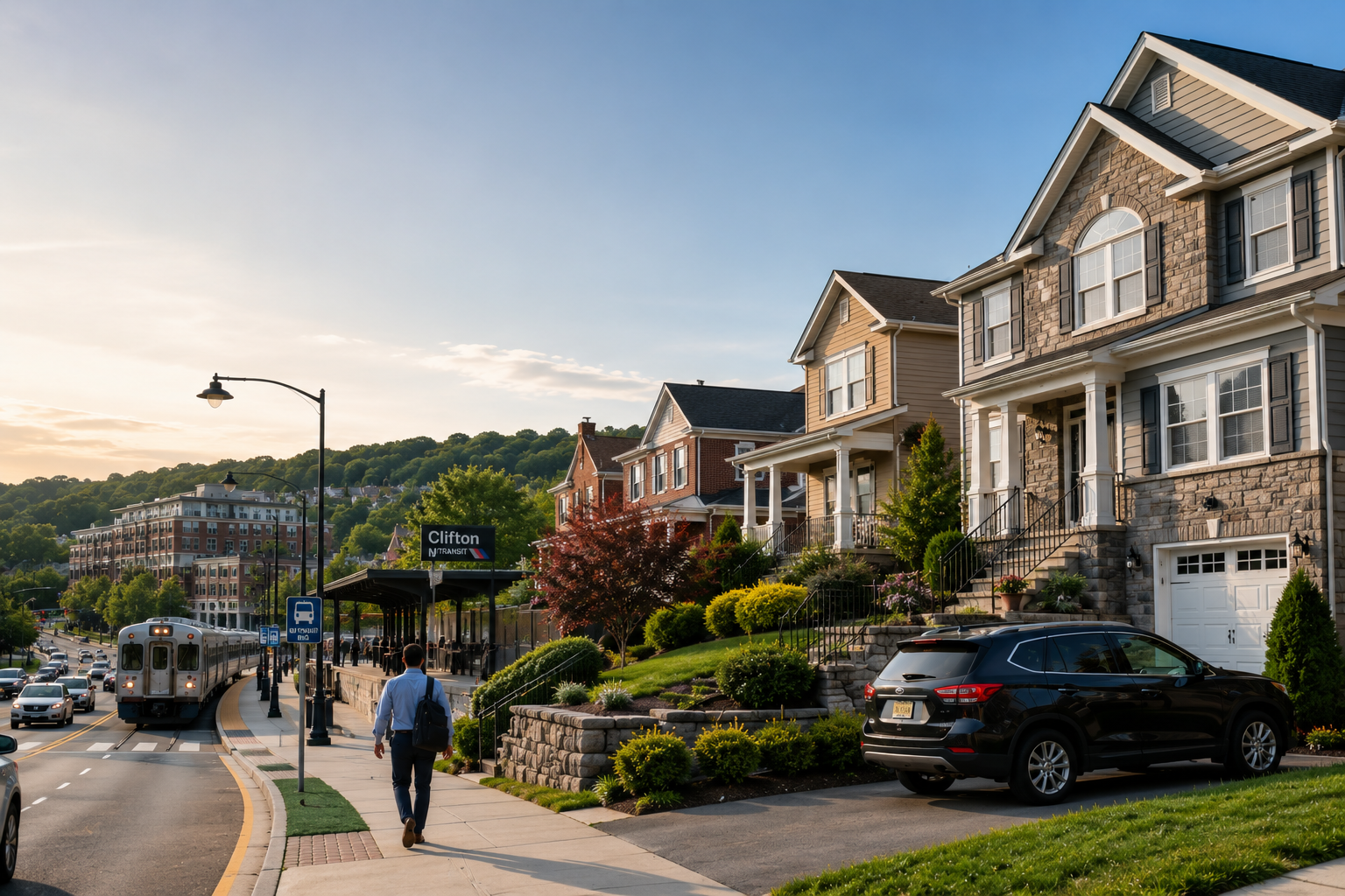 Clifton, New Jersey neighborhood with varied home styles and commuter access for NYC buyers.
