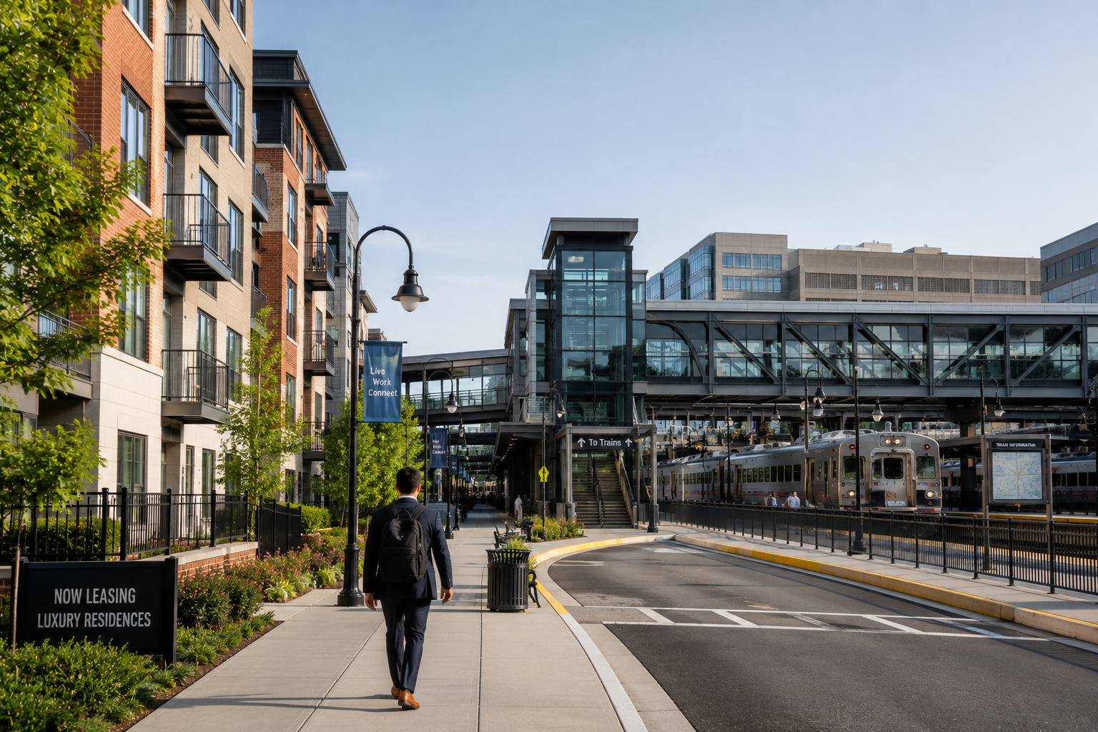 Secaucus, NJ commuter hub with modern homes, rail platforms, and convenient NYC transit access.