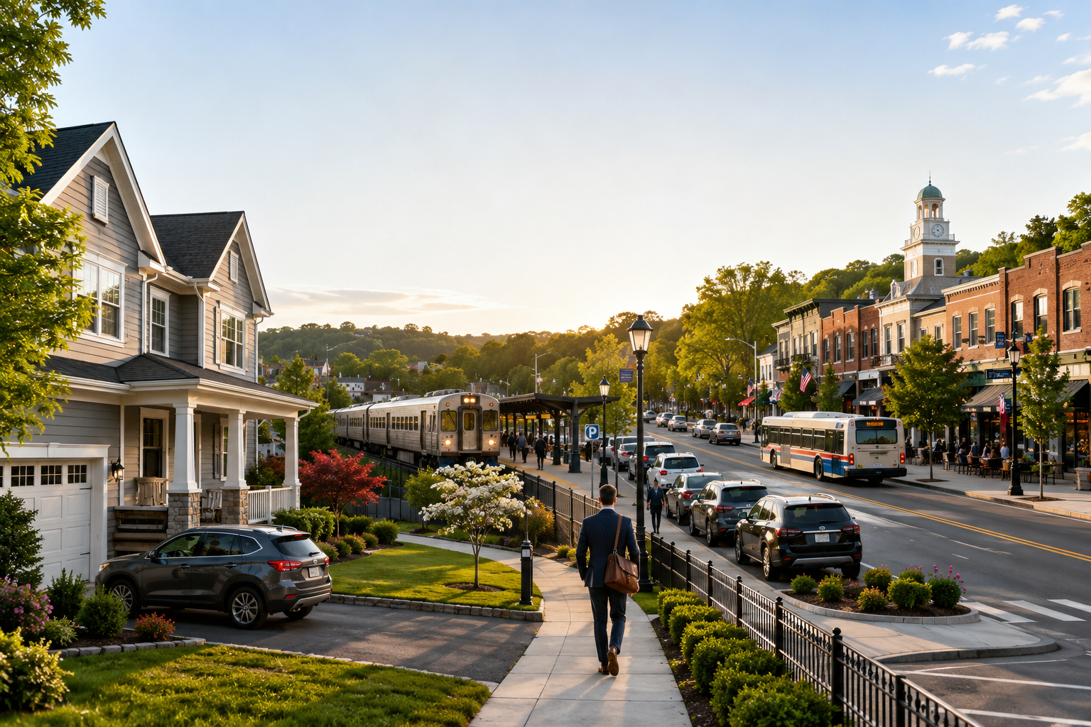North Jersey commuter neighborhood with homes, parking, train access, bus service, and a walkable downtown.