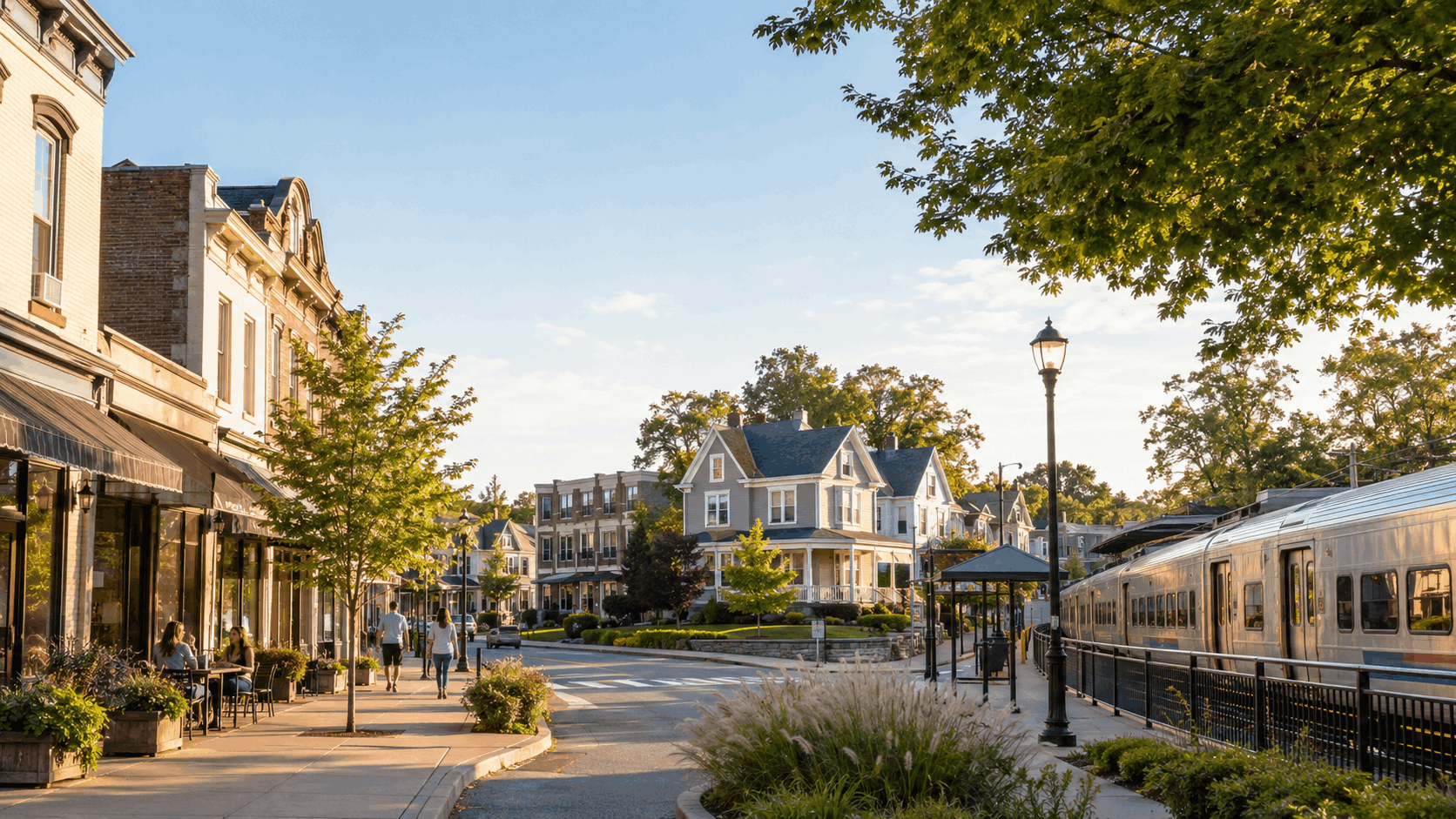 Rutherford, NJ downtown with walkable shops, historic homes, and commuter train access to New York City.